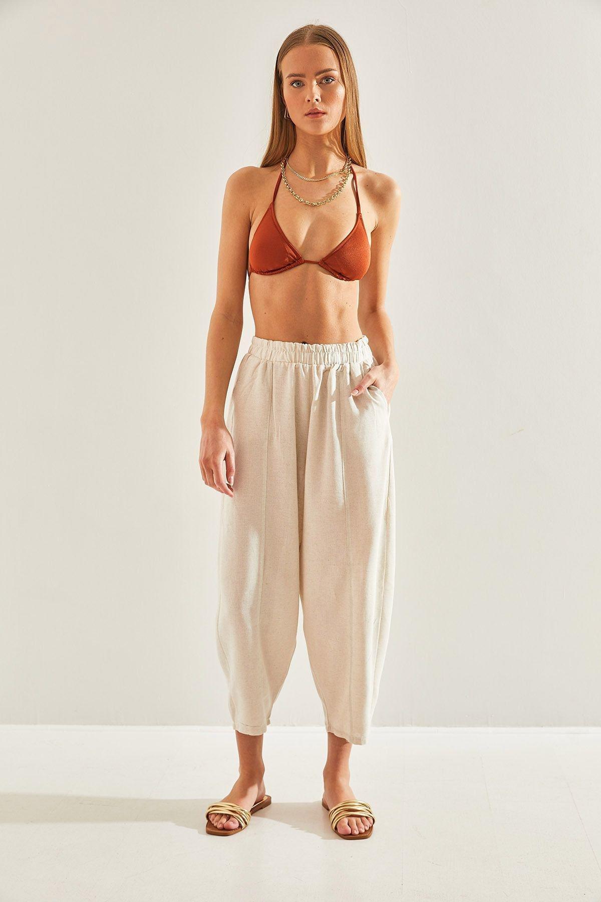 Beige Elastic Waist Pocket Linen Trousers, , large image number 5