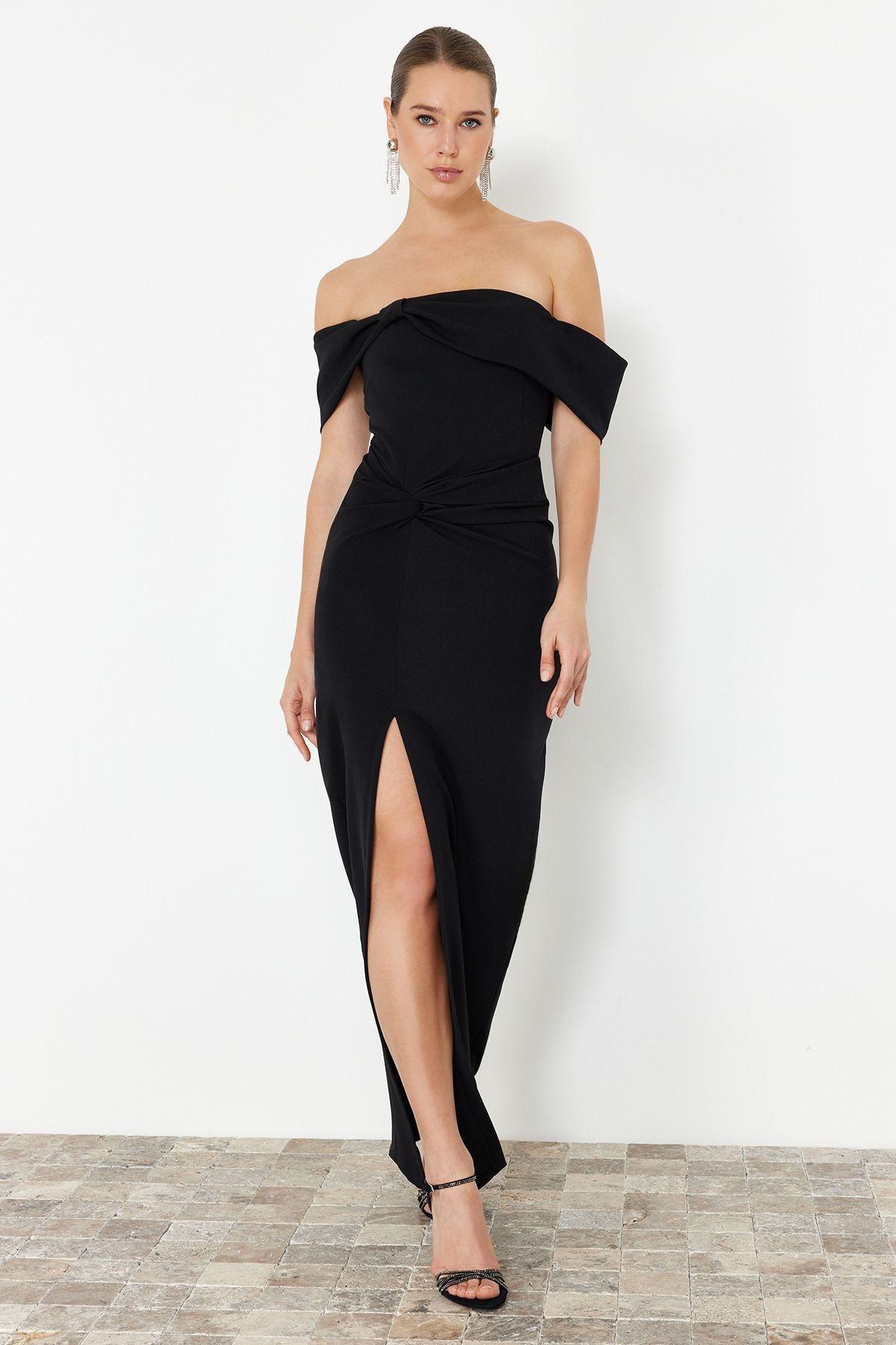 Black Ruched Bardot Maxi Dress, , large image number 1