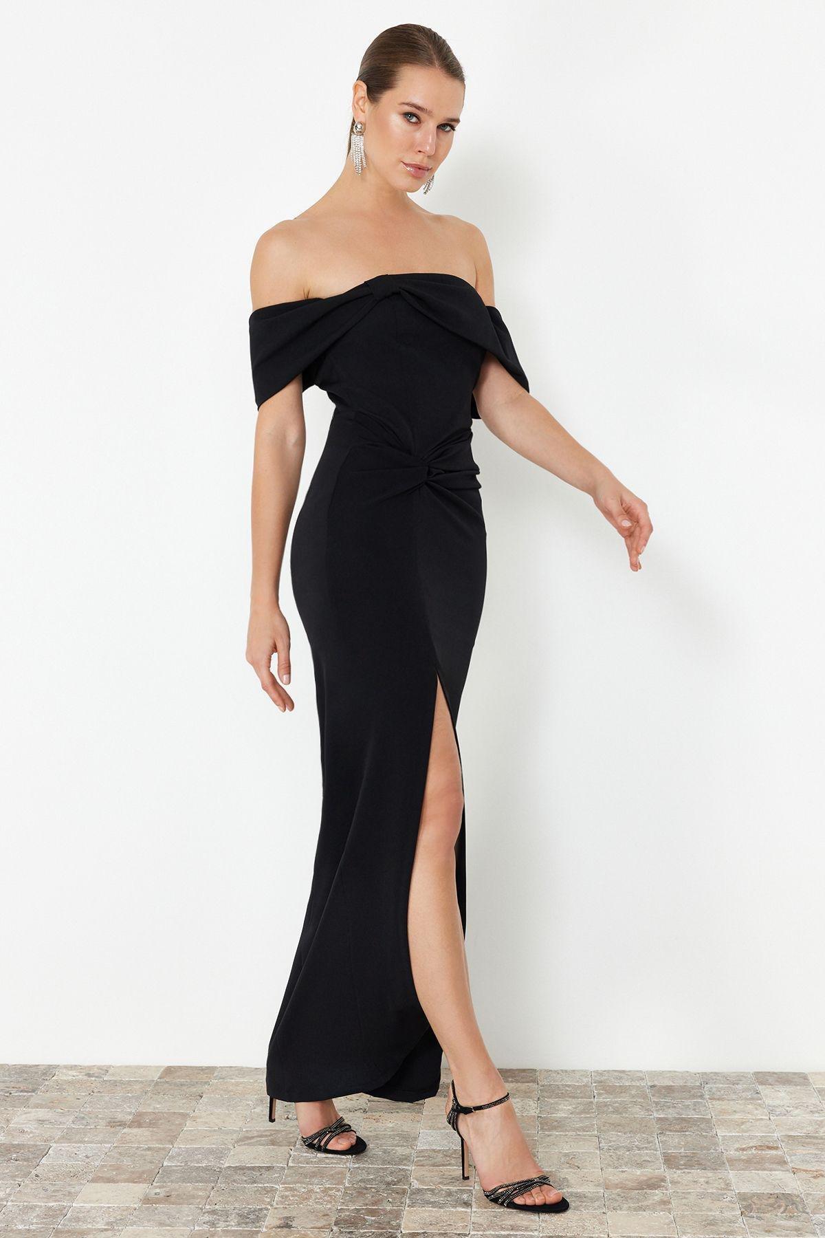 Black Ruched Bardot Maxi Dress, , large image number 2
