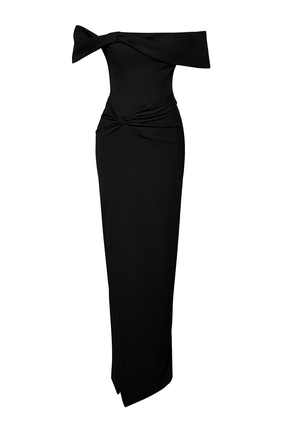 Black Ruched Bardot Maxi Dress, , large image number 5