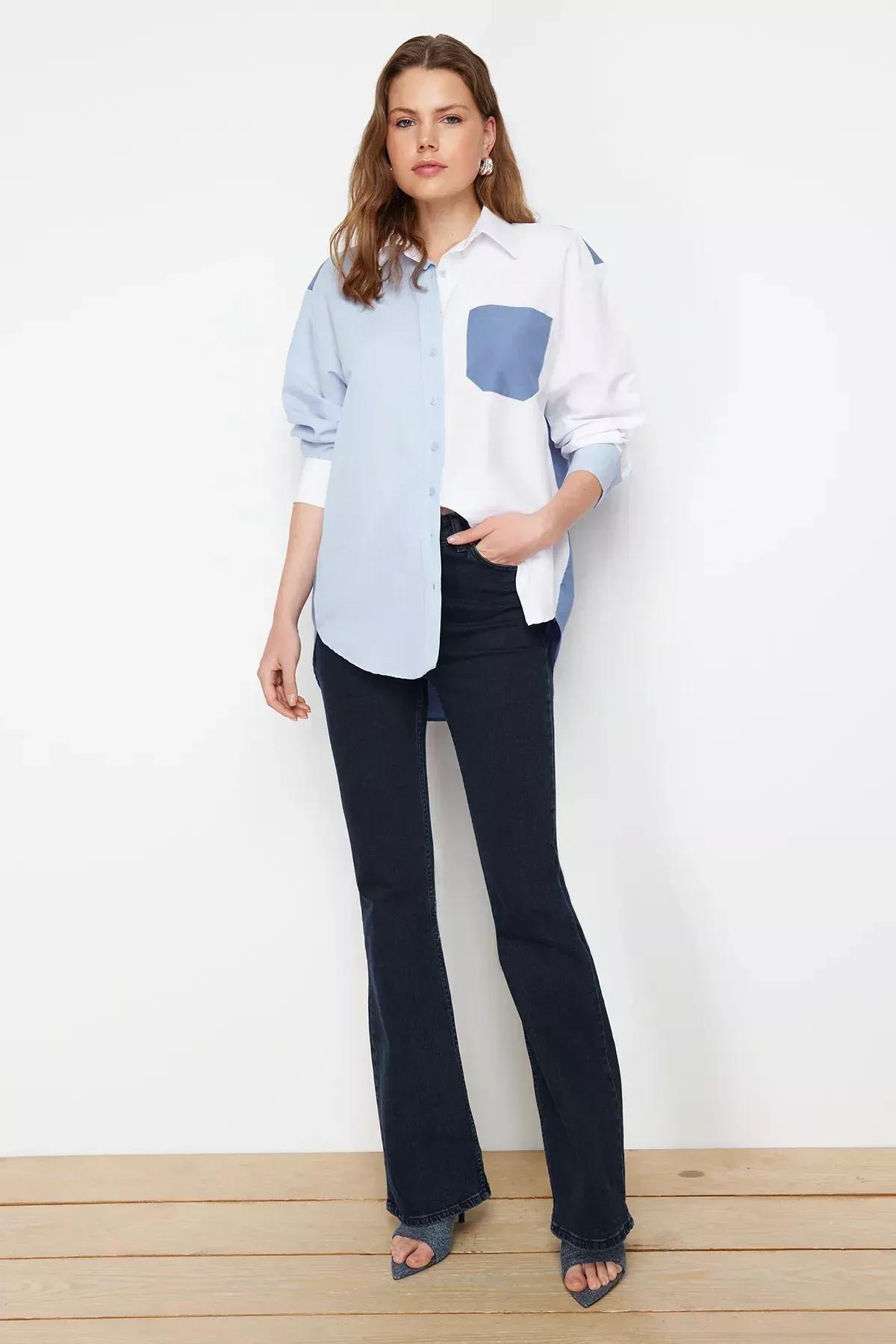 Blue Oversized Relaxed Woven Shirt, C101_5645, large image number 3