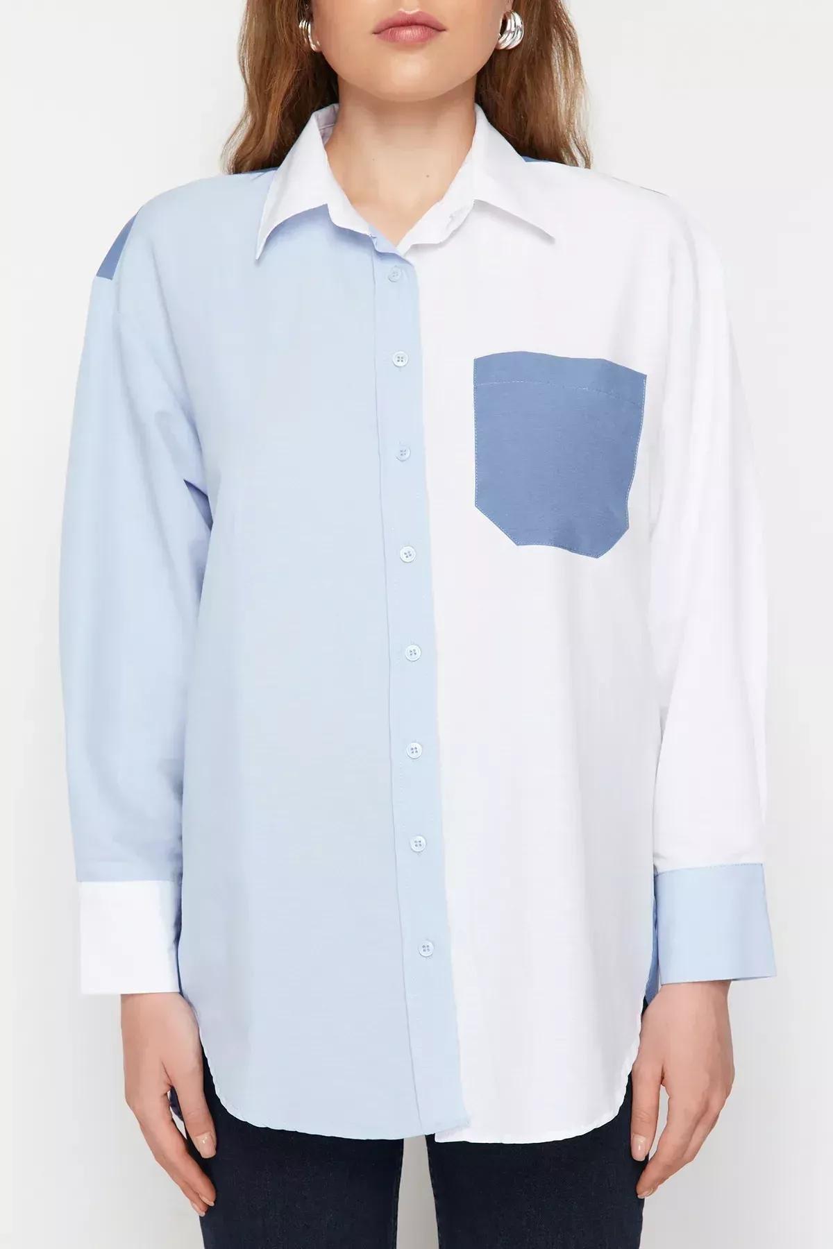 Blue Oversized Relaxed Woven Shirt, C101_5645, large image number 5
