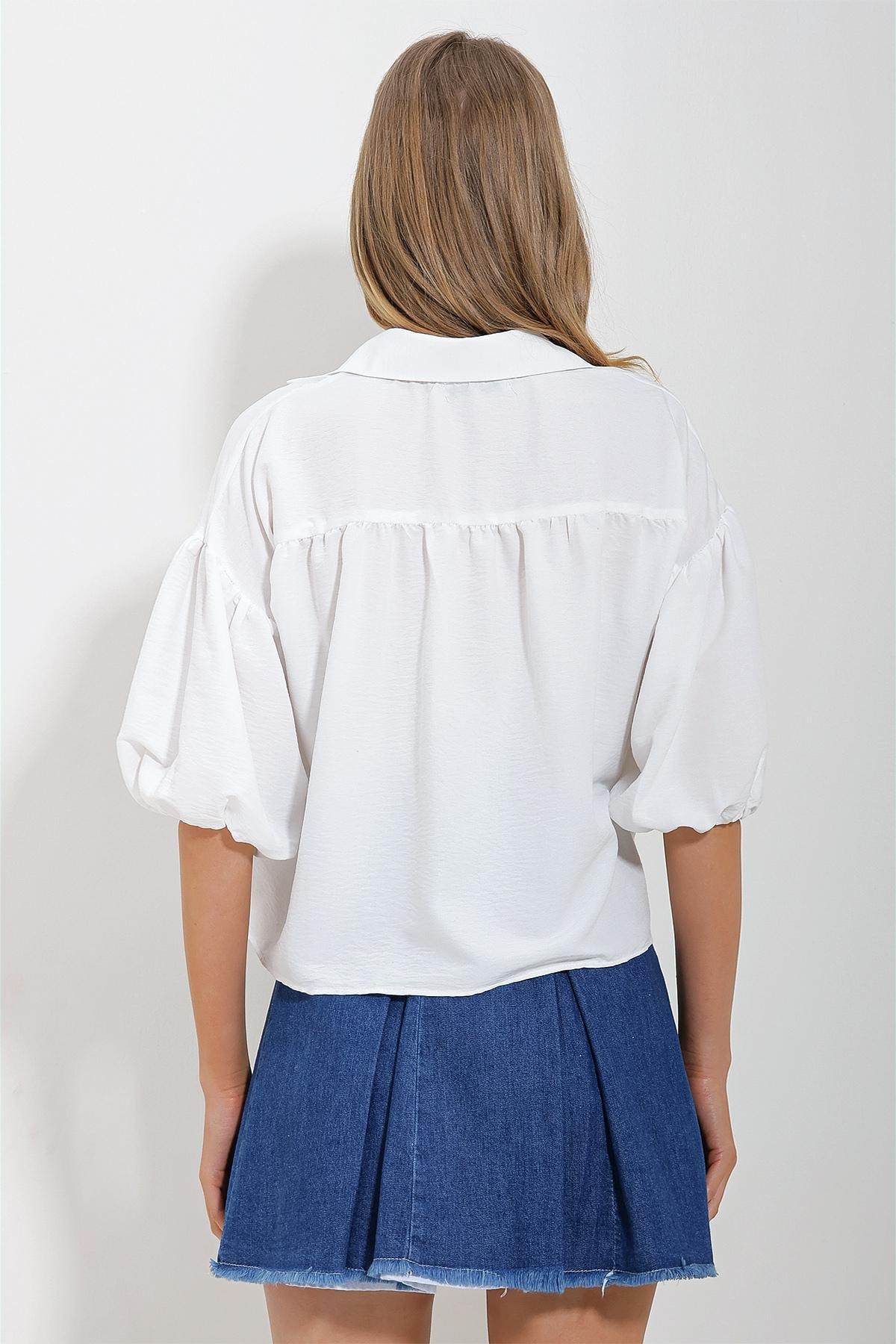 White Balloon Sleeve Cotton Crop Shirt, , large image number 4