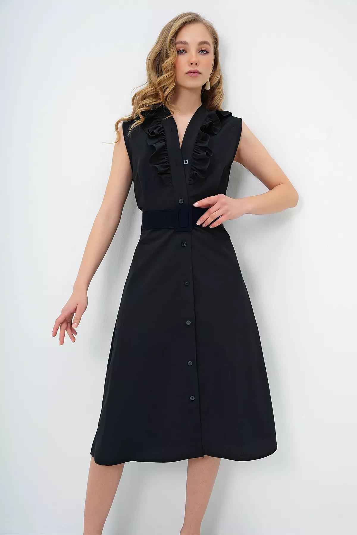 Black Frills Ruffle Midi Dress, BLACK, large image number 2