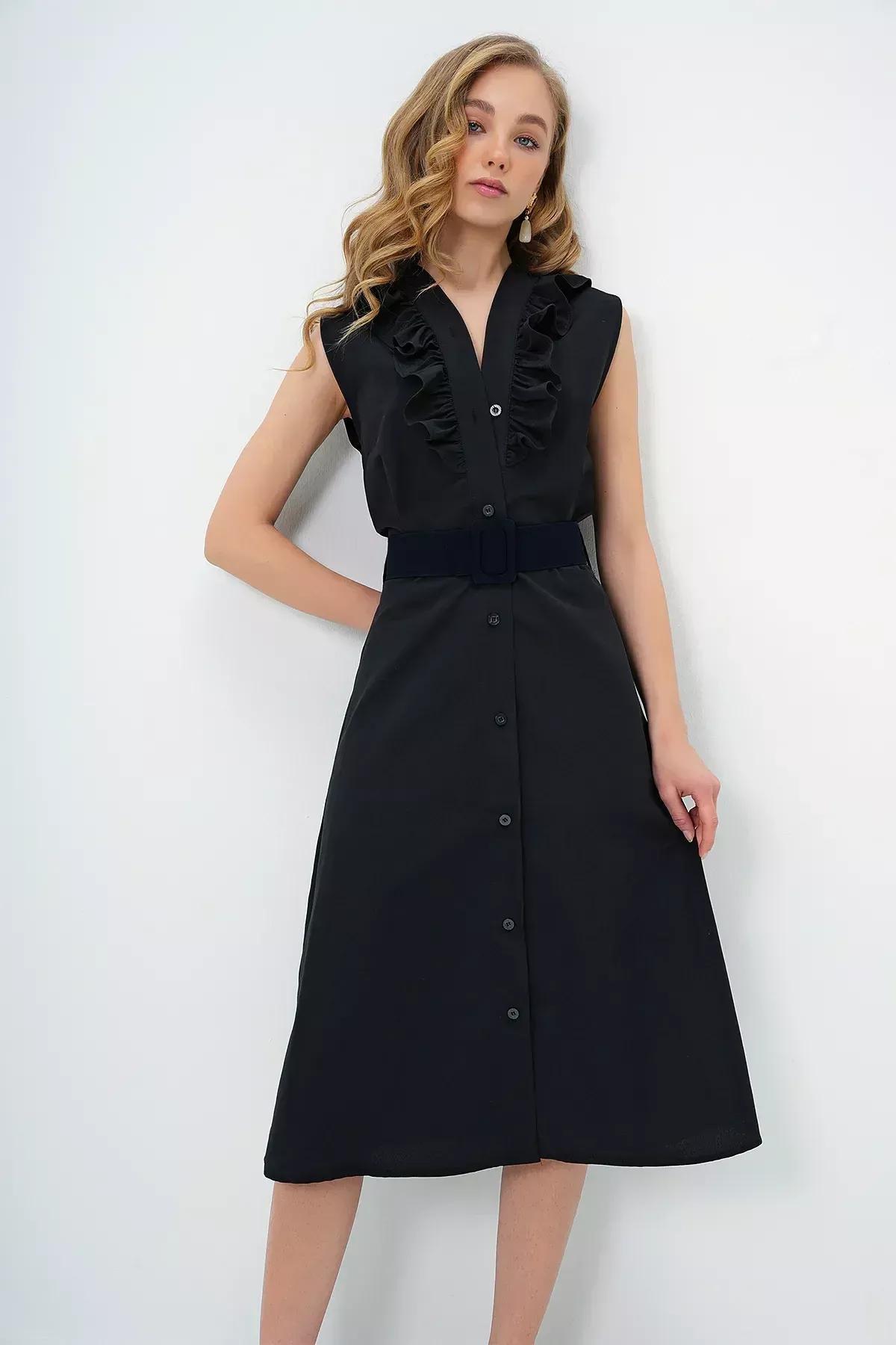 Black Frills Ruffle Midi Dress, BLACK, large image number 3