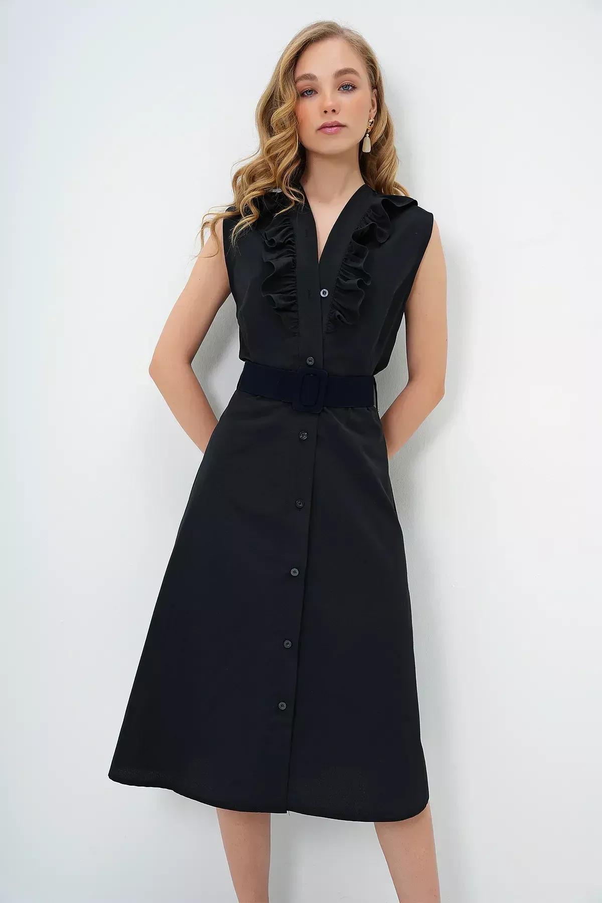 Black Frills Ruffle Midi Dress, BLACK, large image number 4