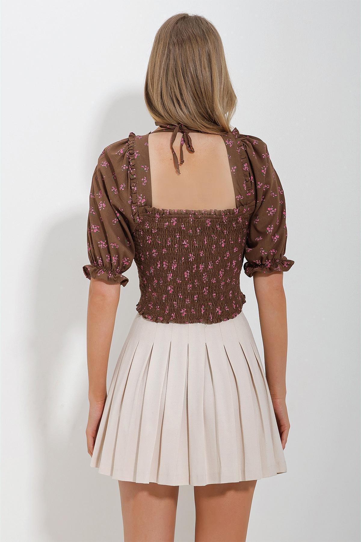 Brown Frills Ruffle Cropped Blouse, , large image number 4