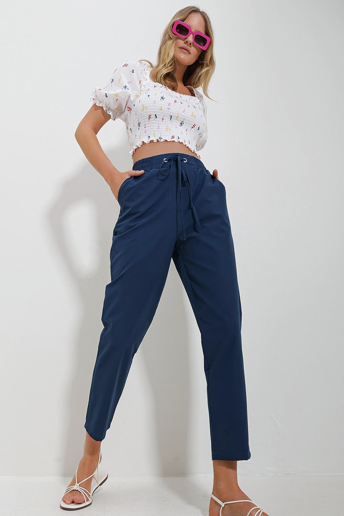 Blue Elastic Waist Trousers, Navy blue, large image number 1