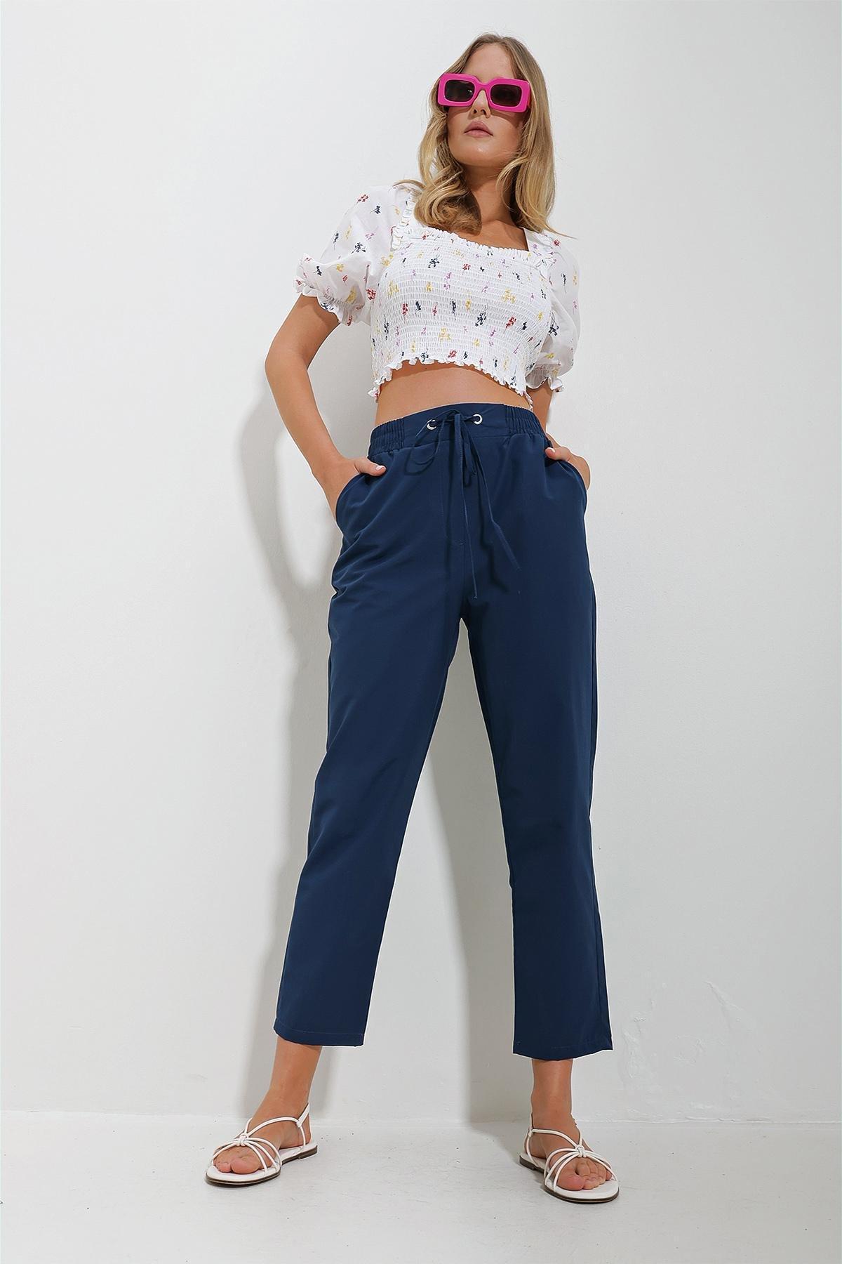 Blue Elastic Waist Trousers, Navy blue, large image number 2