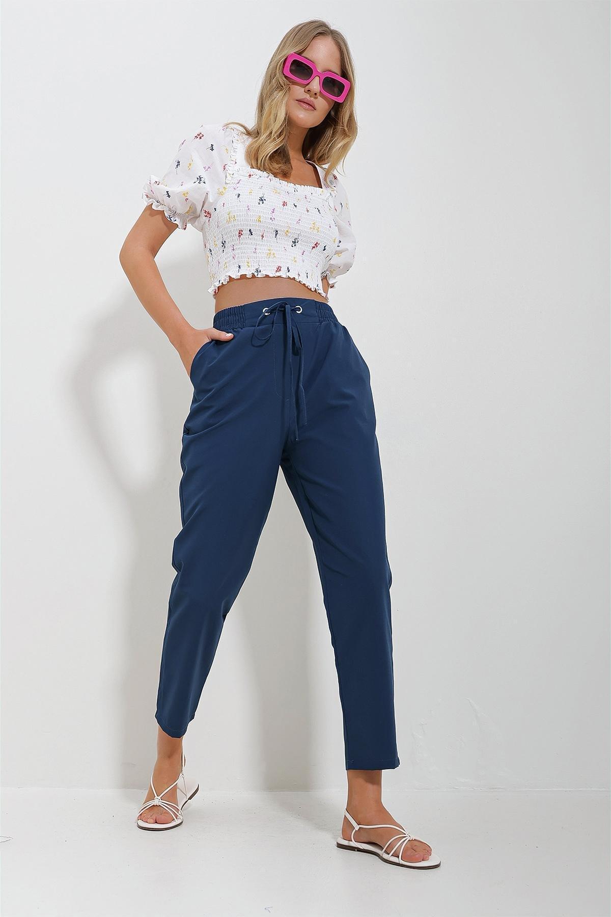 Blue Elastic Waist Trousers, Navy blue, large image number 3