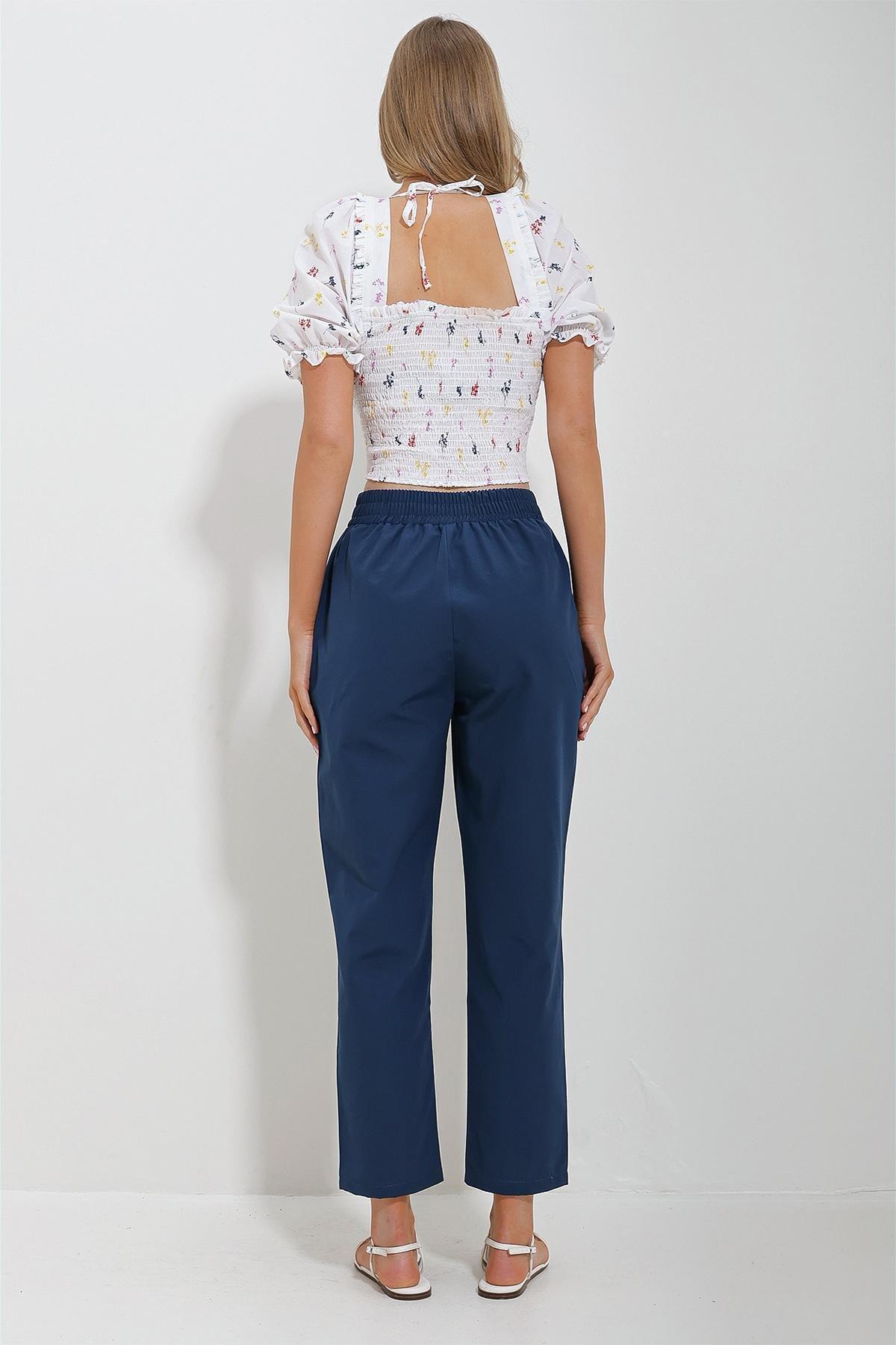 Blue Elastic Waist Trousers, Navy blue, large image number 4