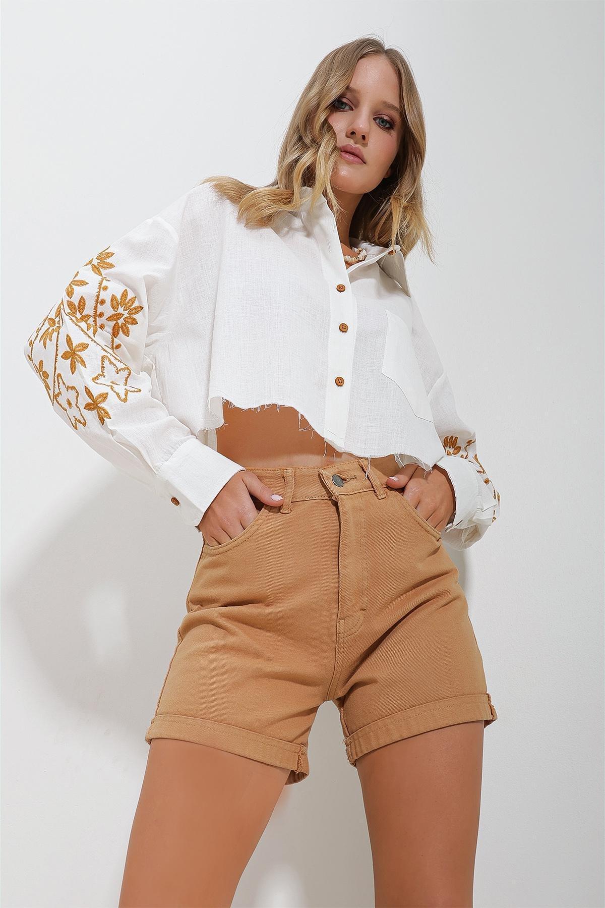 White Embroidered Sleeves Crop Shirt, , large image number 1