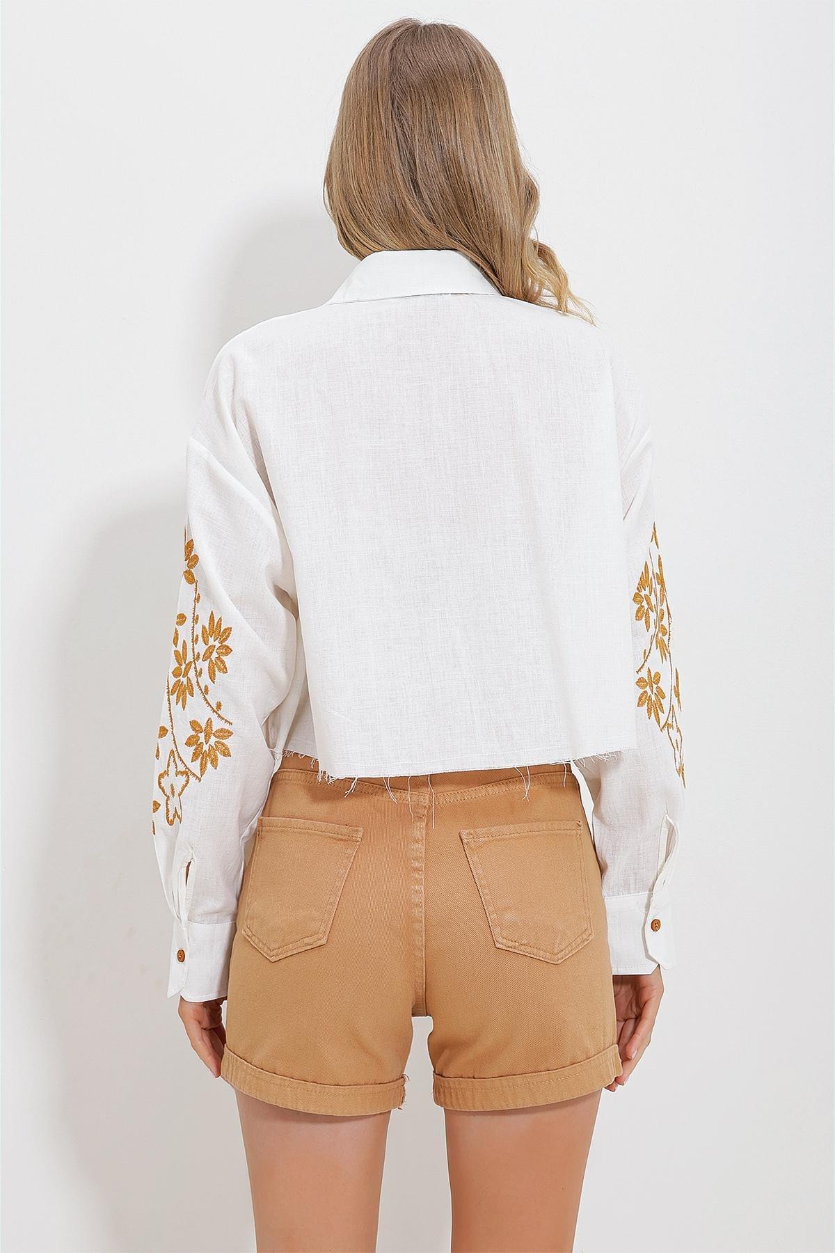 White Embroidered Sleeves Crop Shirt, , large image number 3