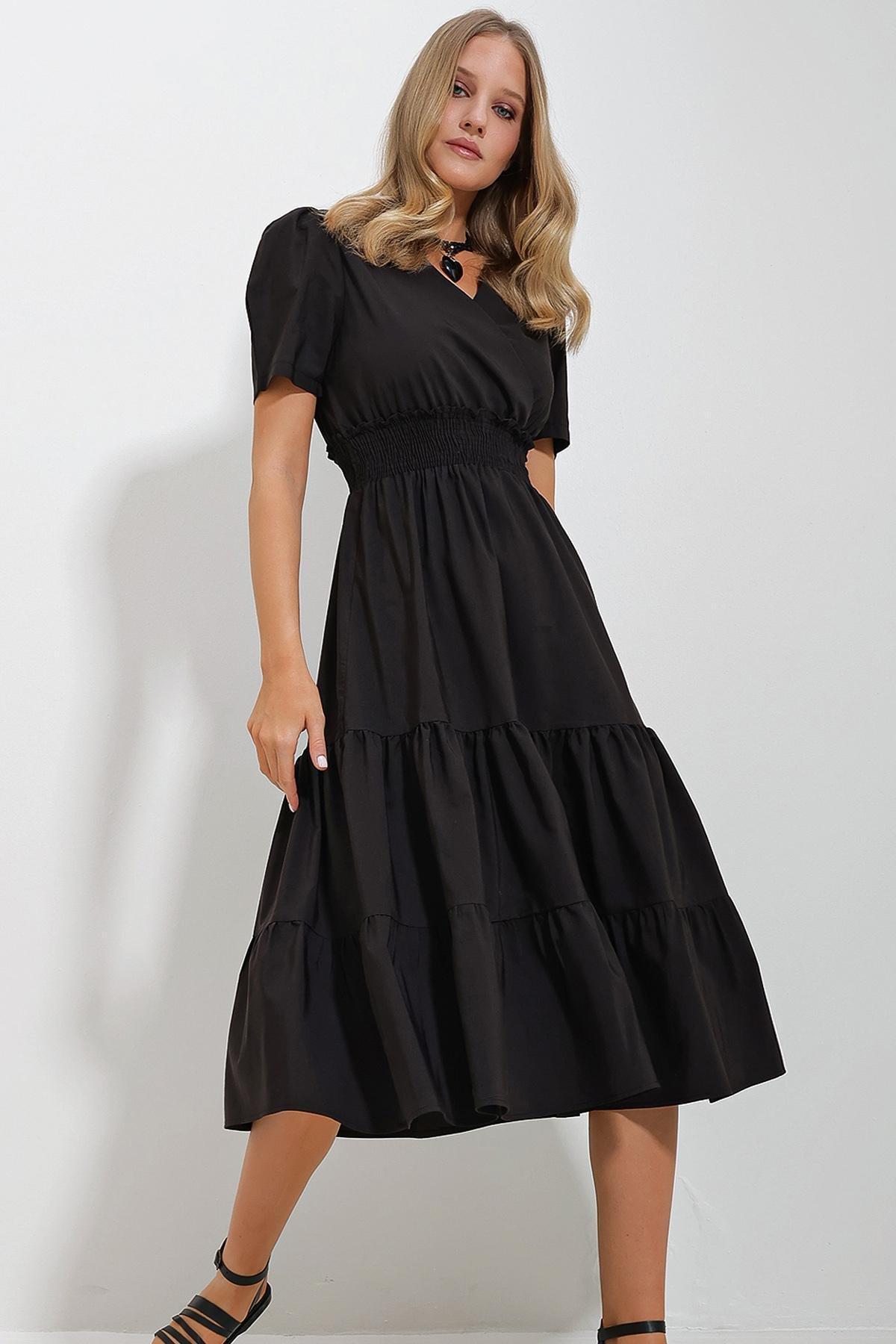 Black Double Breasted Poplin Dress, , large image number 0