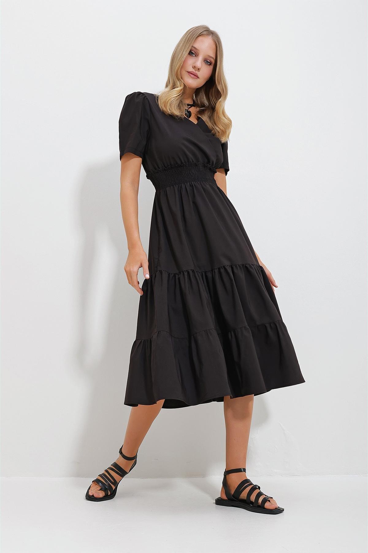 Black Double Breasted Poplin Dress, , large image number 3