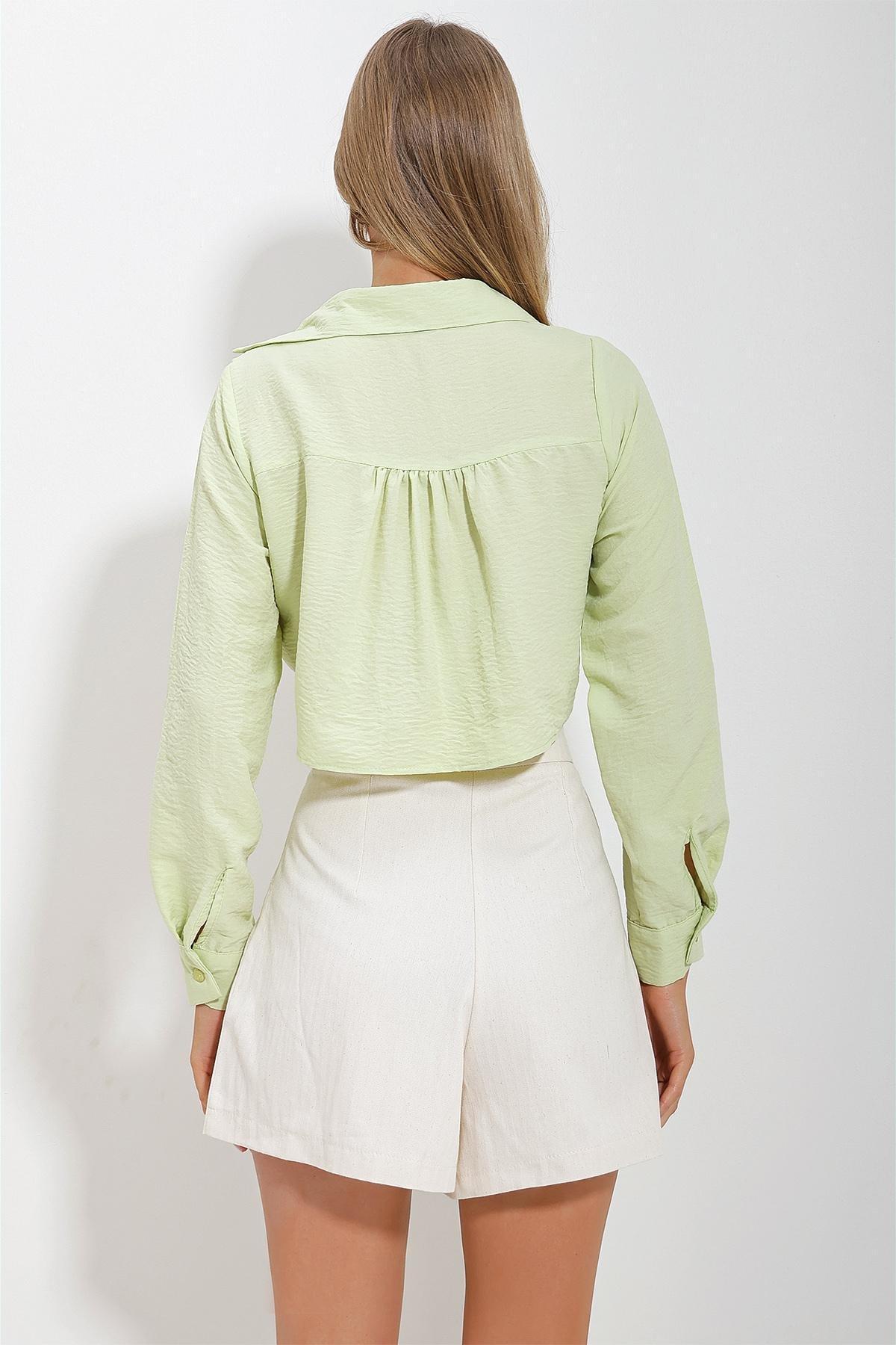 Green Knot Tie Front Crop Shirt, , large image number 4