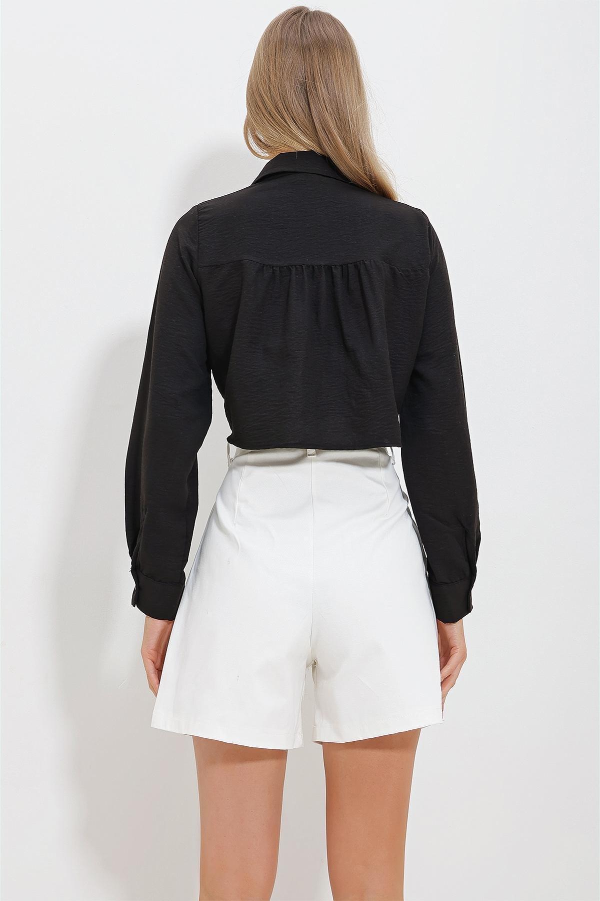 Black Tie Front Cropped Shirt, , large image number 3