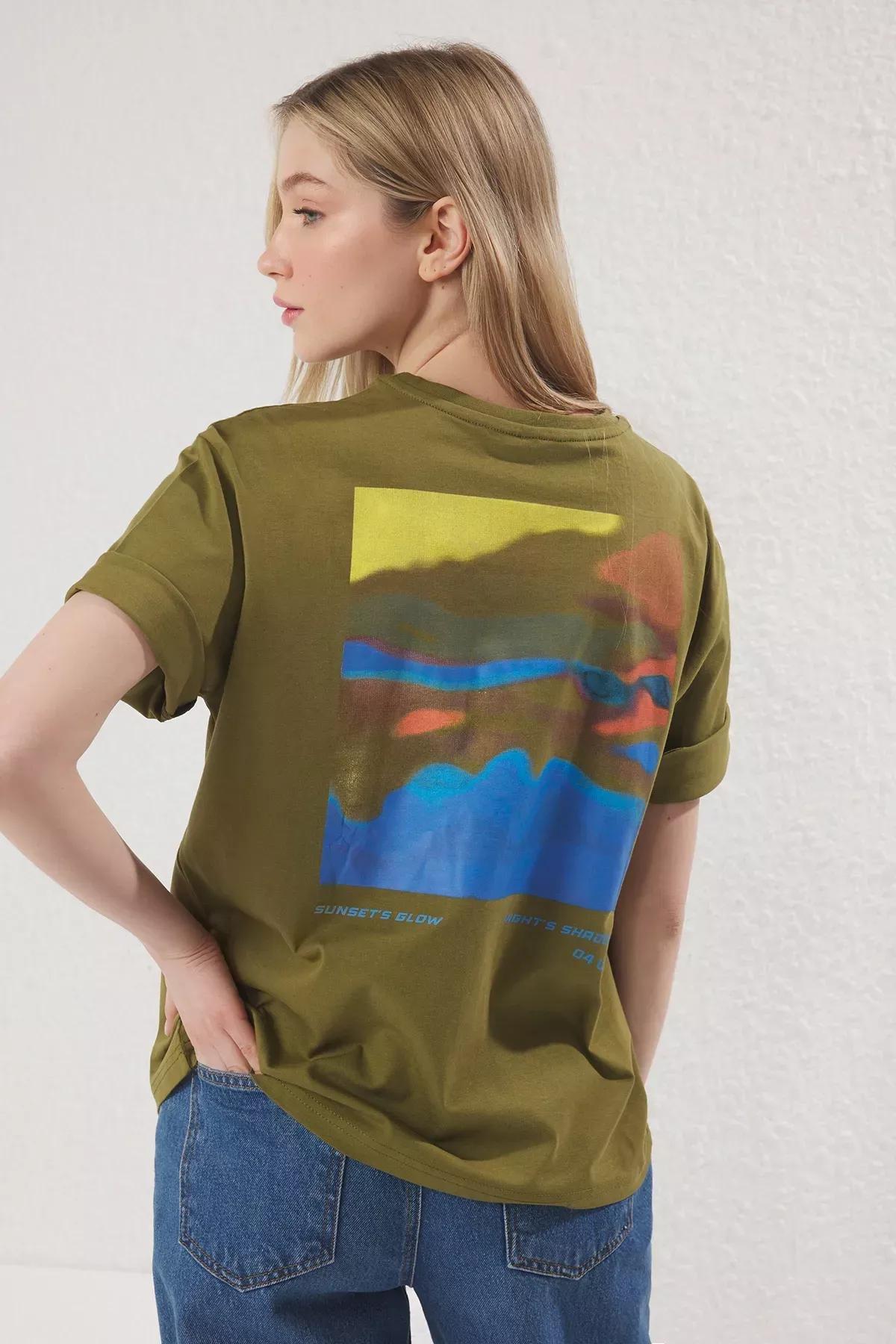 Green Printed Relaxed Knit T-Shirt, Khaki, large image number 0