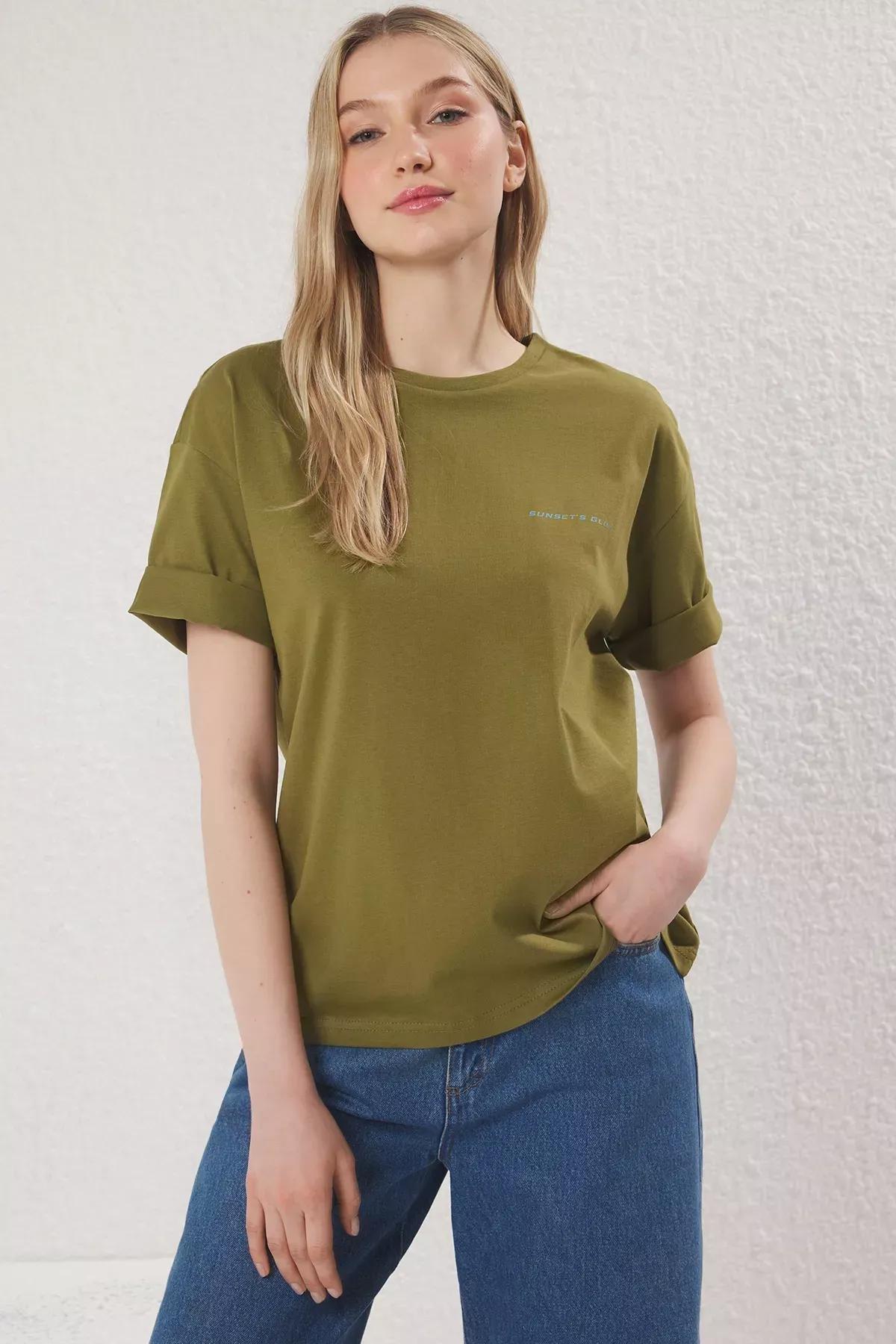 Green Printed Relaxed Knit T-Shirt, Khaki, large image number 1