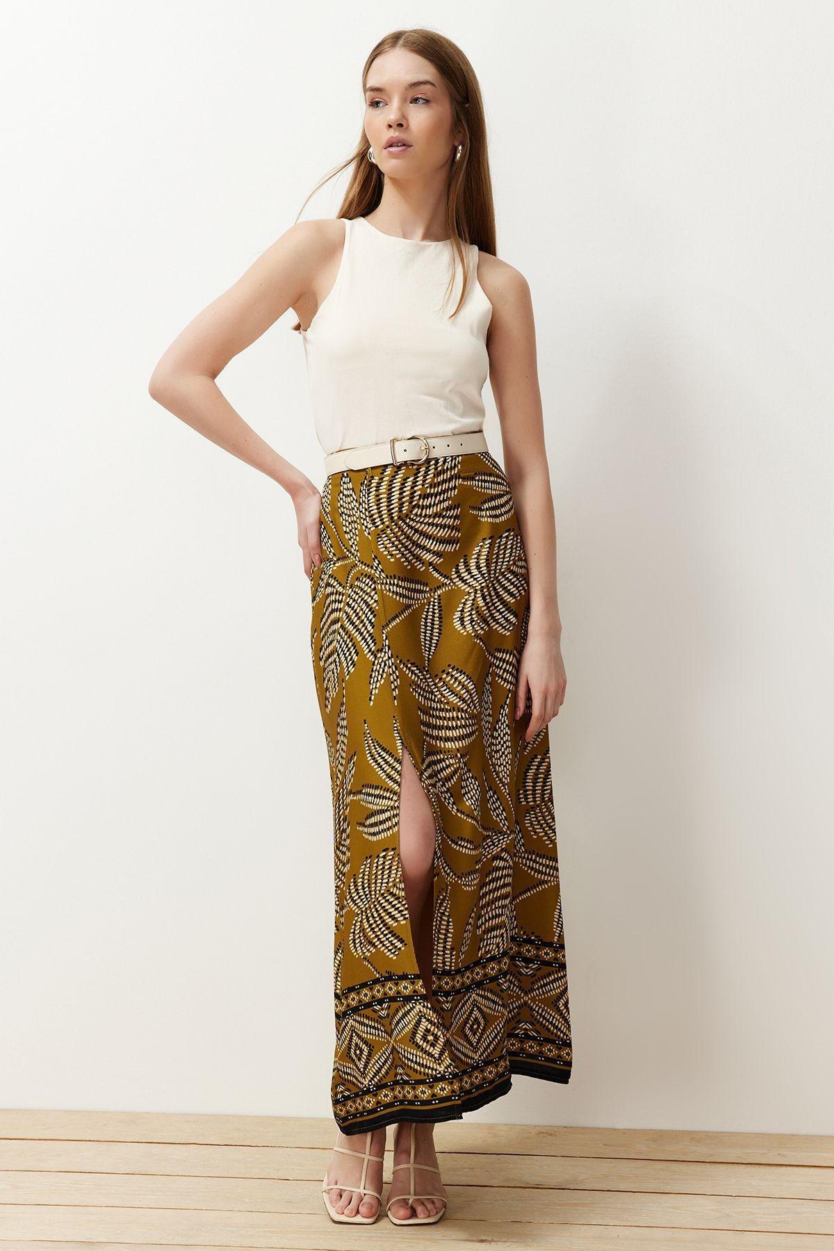 Khaki Slit Patterned Maxi Skirt, Light Khaki, large image number 0