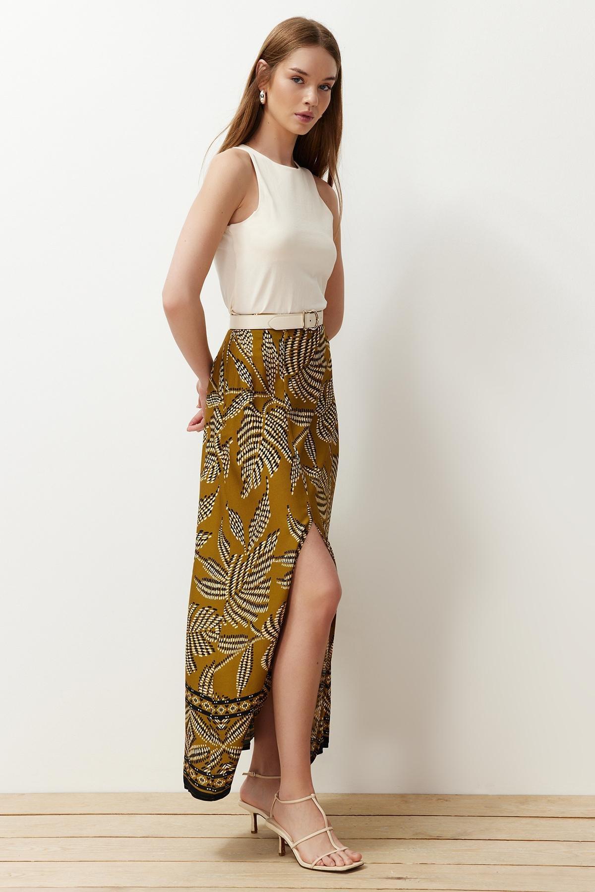 Khaki Slit Patterned Maxi Skirt, Light Khaki, large image number 1