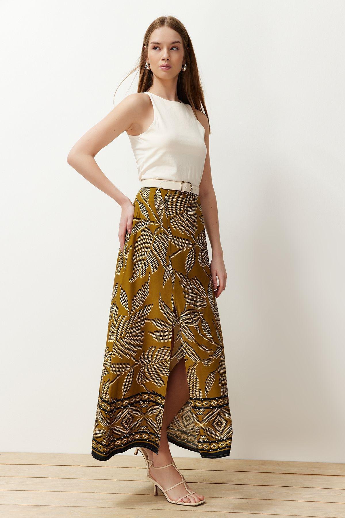 Khaki Slit Patterned Maxi Skirt, Light Khaki, large image number 2