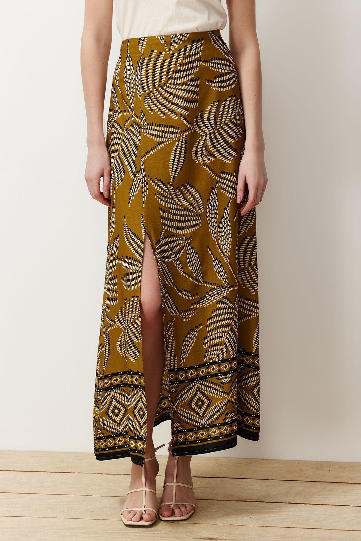Khaki Slit Patterned Maxi Skirt, Light Khaki, large image number 3