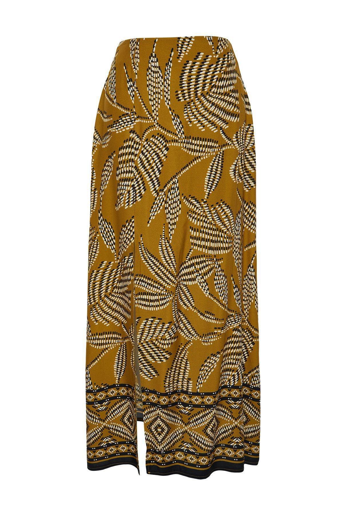 Khaki Slit Patterned Maxi Skirt, Light Khaki, large image number 5