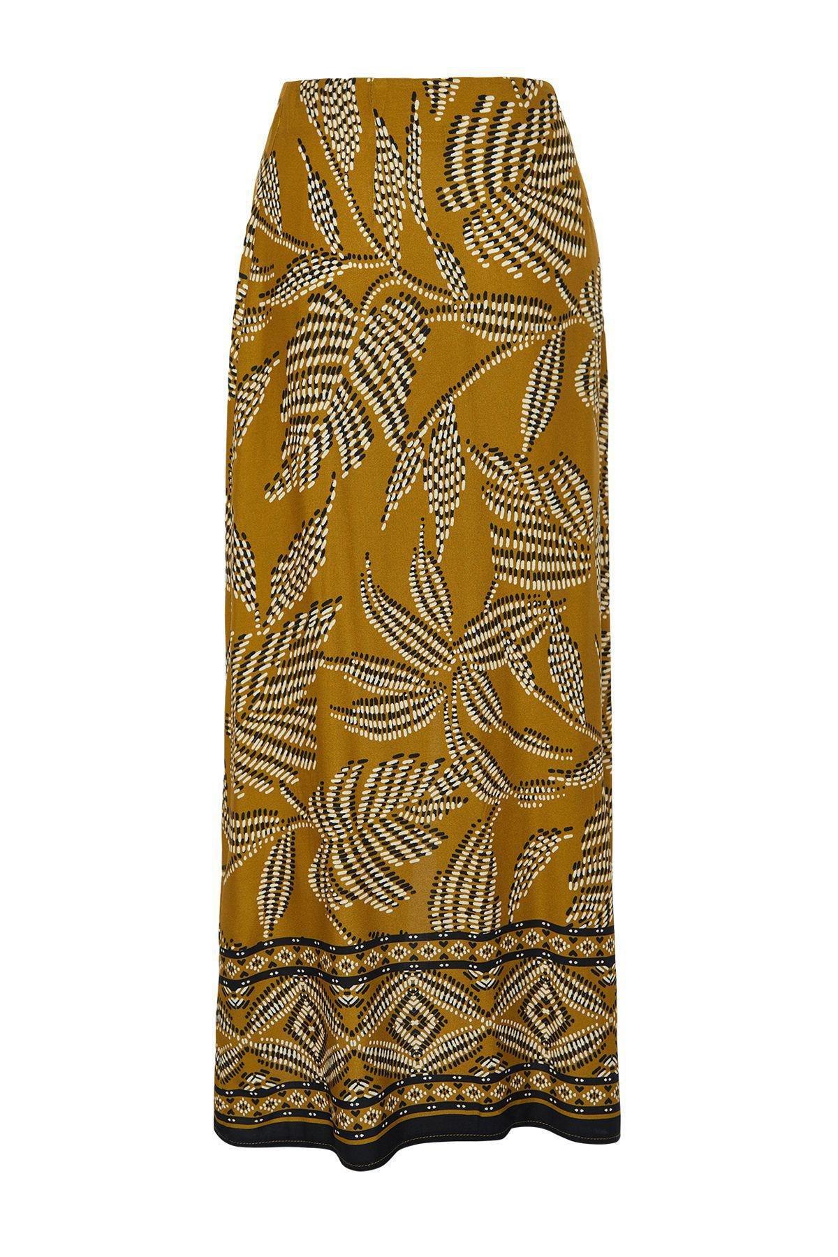 Khaki Slit Patterned Maxi Skirt, Light Khaki, large image number 6