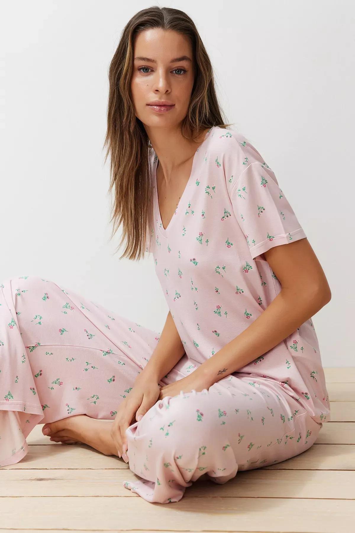 Pink Floral Knit Pajama Set, Powder-Multicolor, large image number 1