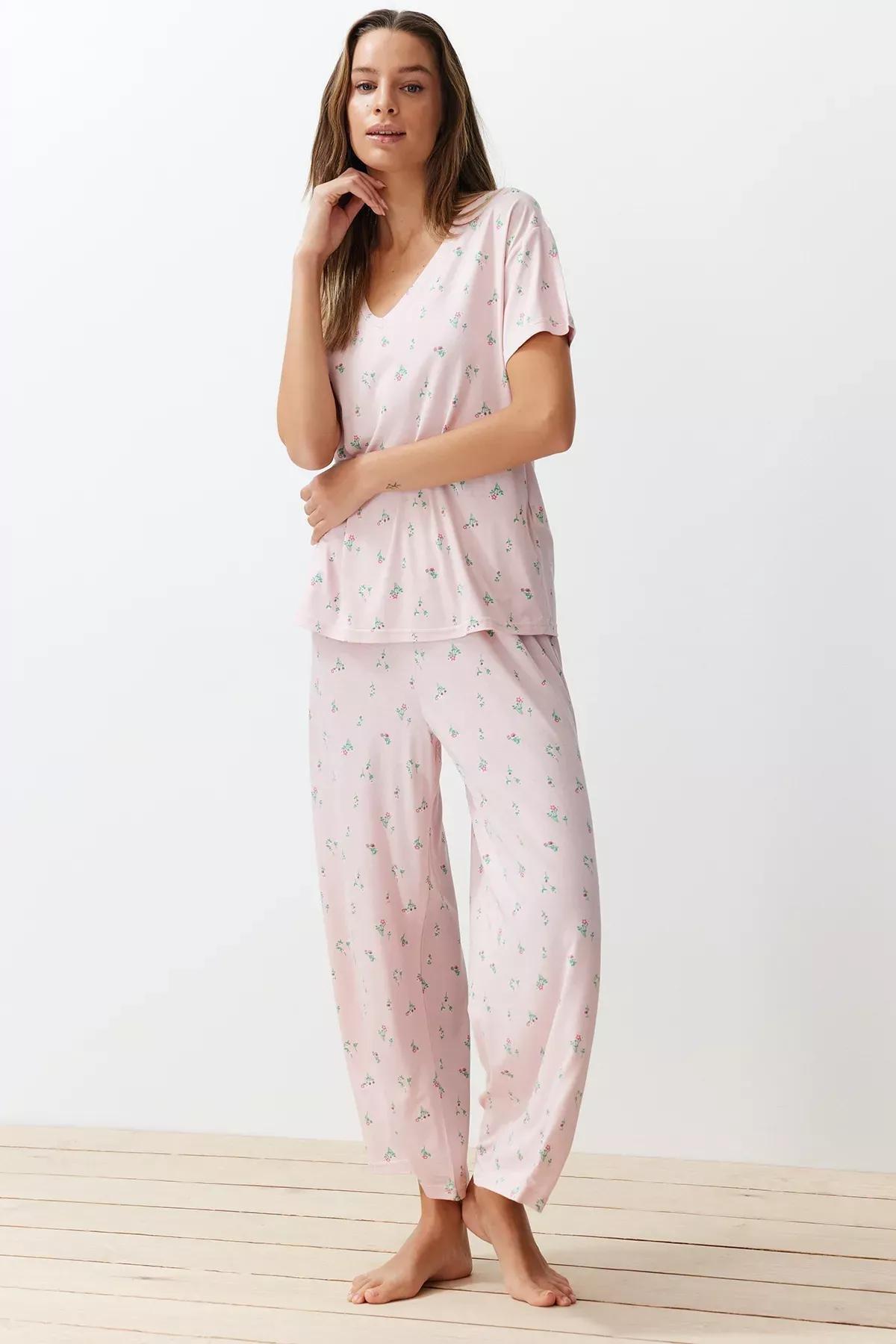 Pink Floral Knit Pajama Set, Powder-Multicolor, large image number 2