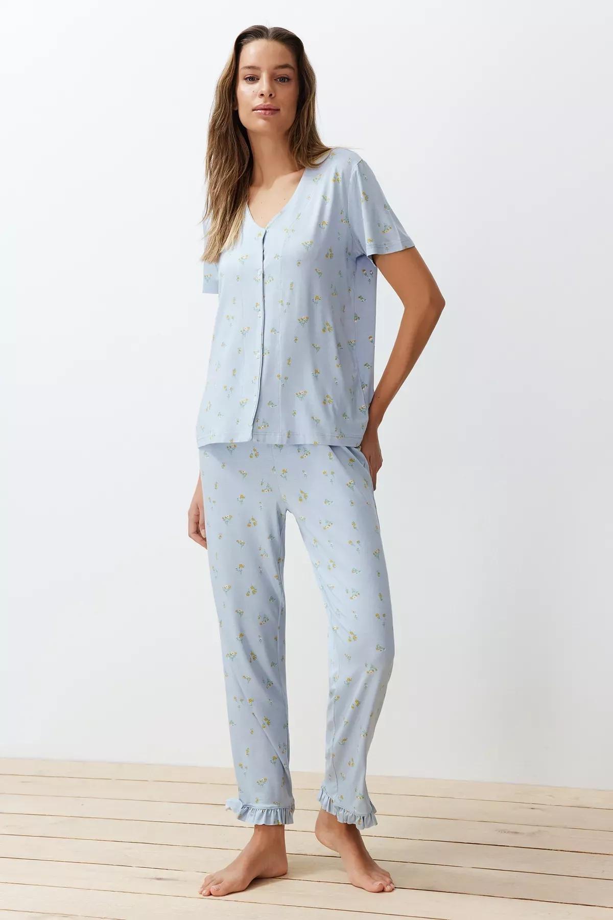 Blue Floral Ruffle Detailed Knitted Pajamas Set, Blue-Multicolor, large image number 0