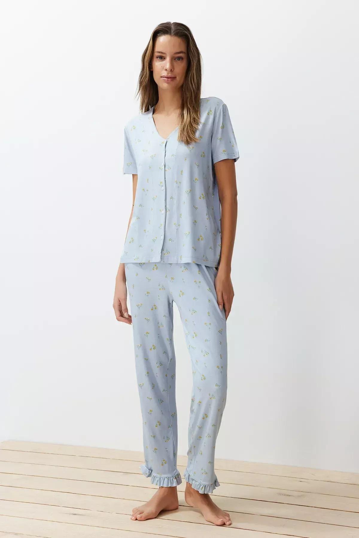 Blue Floral Ruffle Detailed Knitted Pajamas Set, Blue-Multicolor, large image number 1