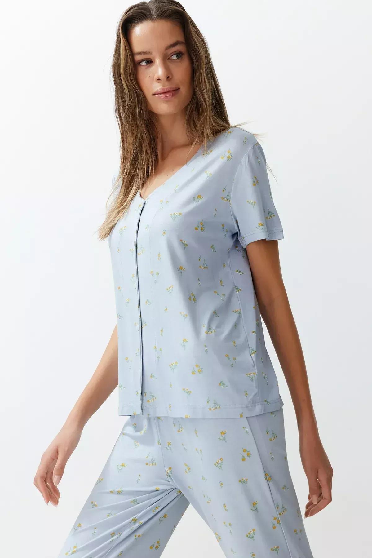 Blue Floral Ruffle Detailed Knitted Pajamas Set, Blue-Multicolor, large image number 3