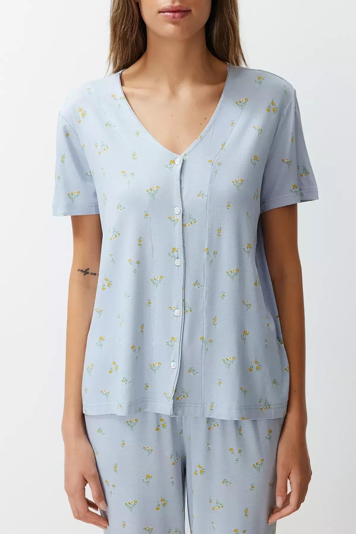 Blue Floral Ruffle Detailed Knitted Pajamas Set, Blue-Multicolor, large image number 4