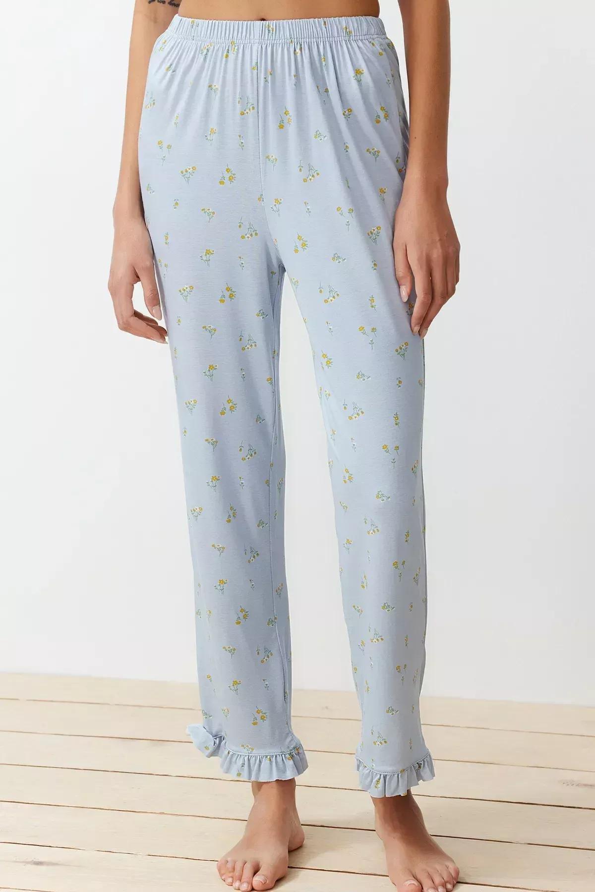 Blue Floral Ruffle Detailed Knitted Pajamas Set, Blue-Multicolor, large image number 5