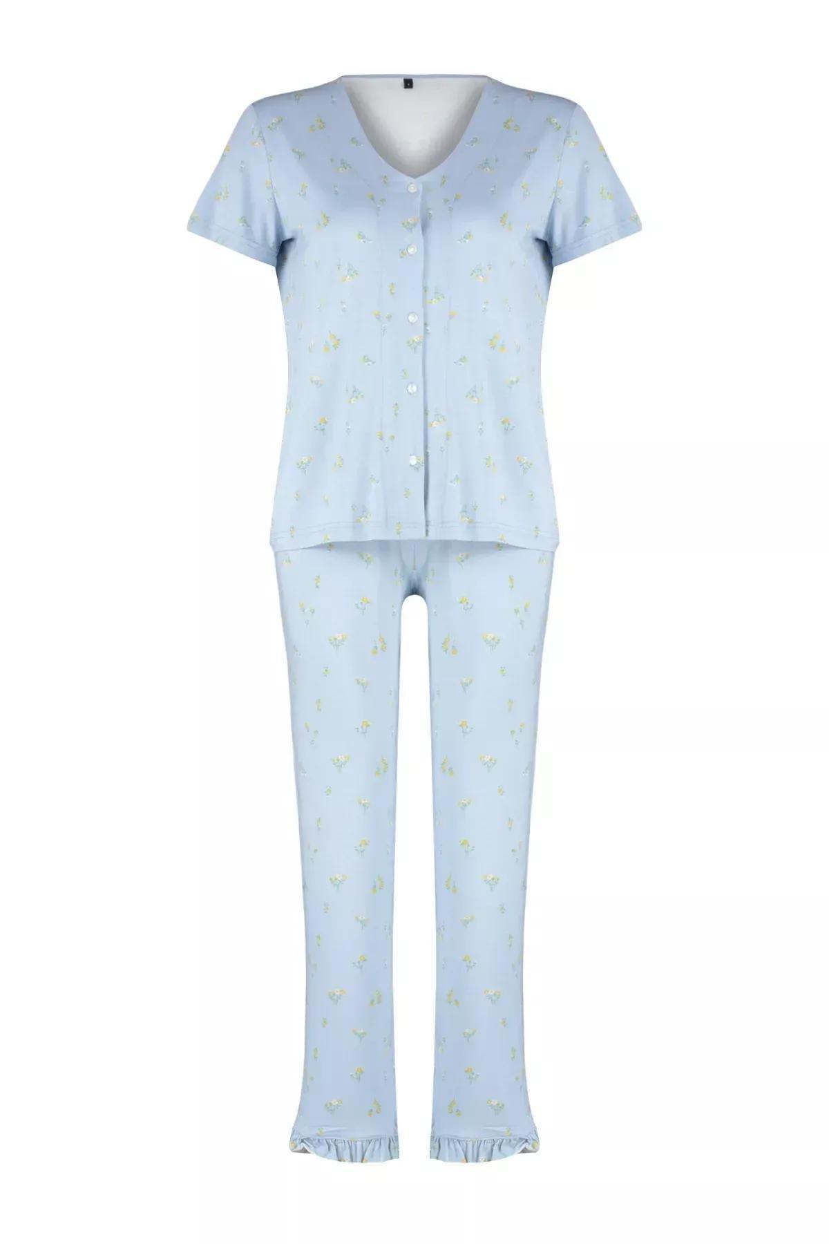 Blue Floral Ruffle Detailed Knitted Pajamas Set, Blue-Multicolor, large image number 6