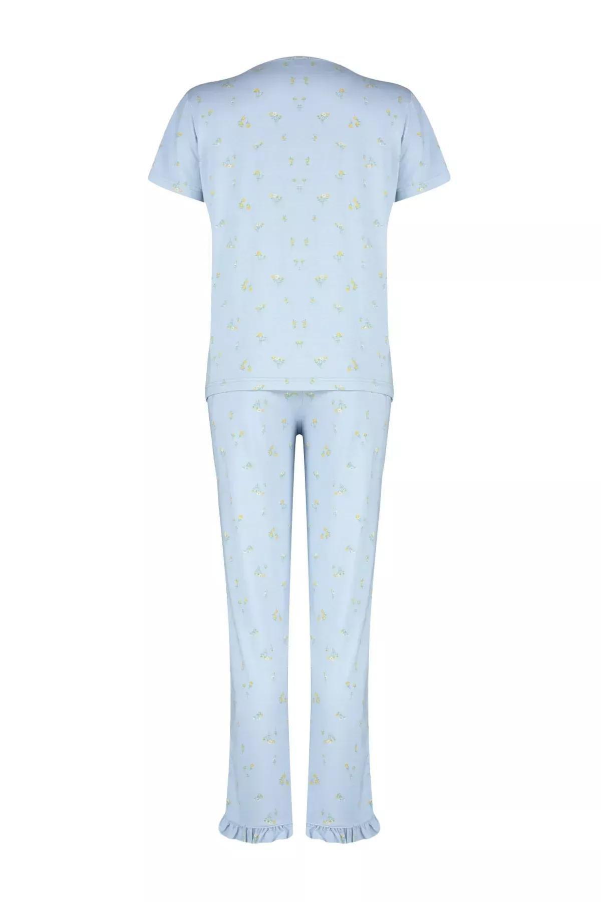 Blue Floral Ruffle Detailed Knitted Pajamas Set, Blue-Multicolor, large image number 7