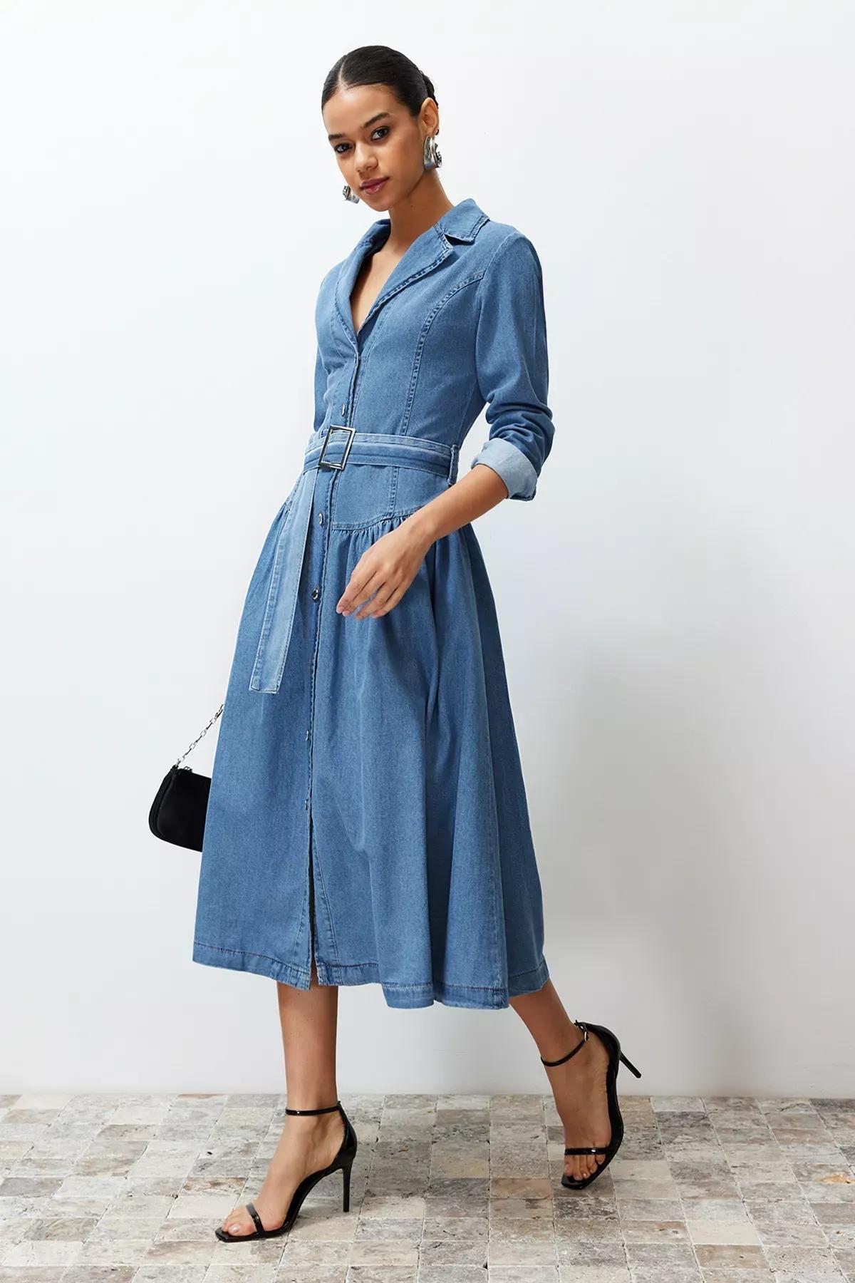 Blue Denim Maxi Dress, , medium
