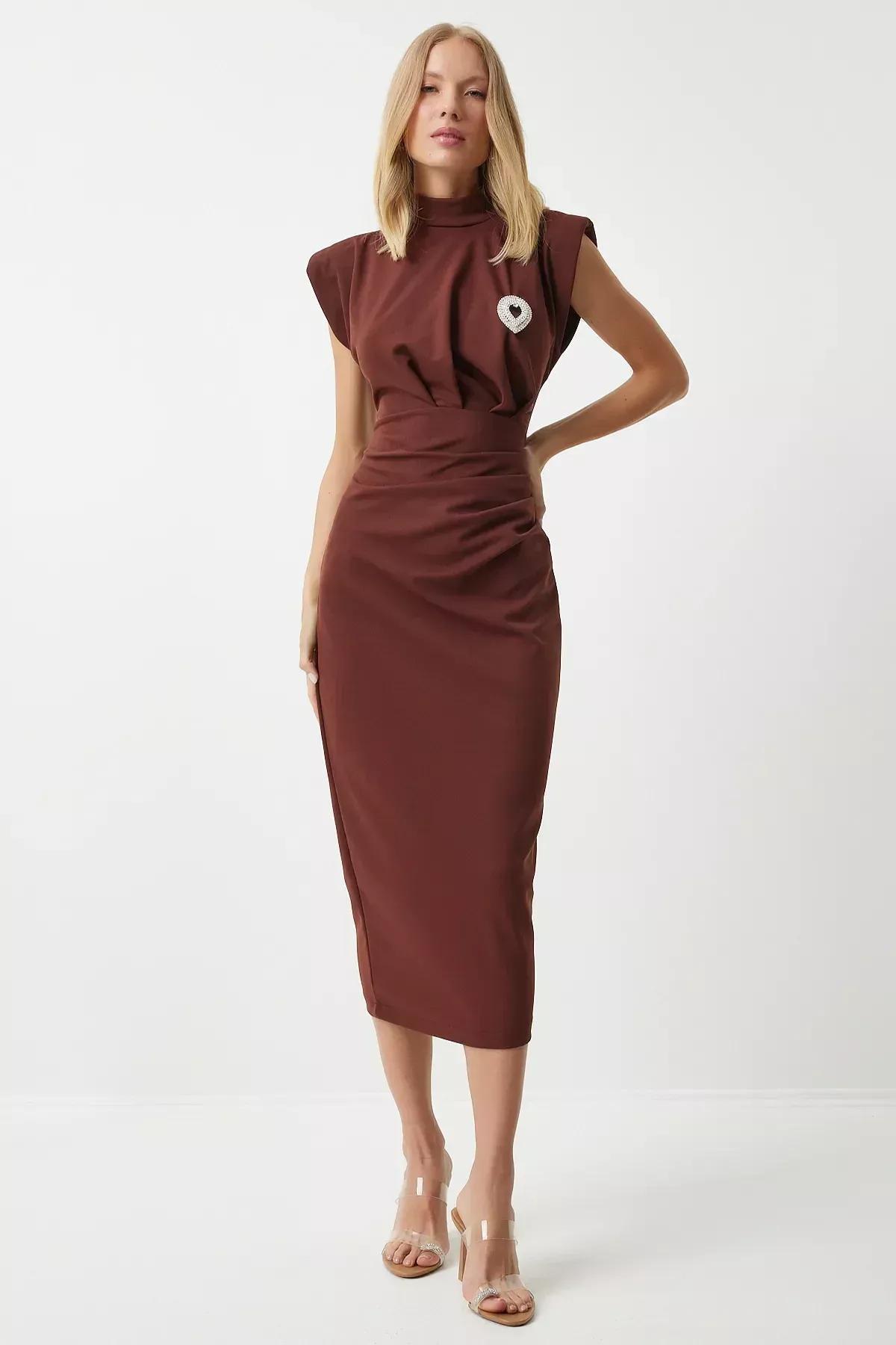 Brown Ruched Sheath Midi Dress, Brown, large image number 0