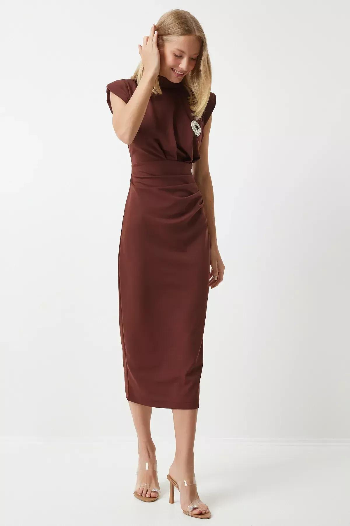 Brown Ruched Sheath Midi Dress, Brown, large image number 2