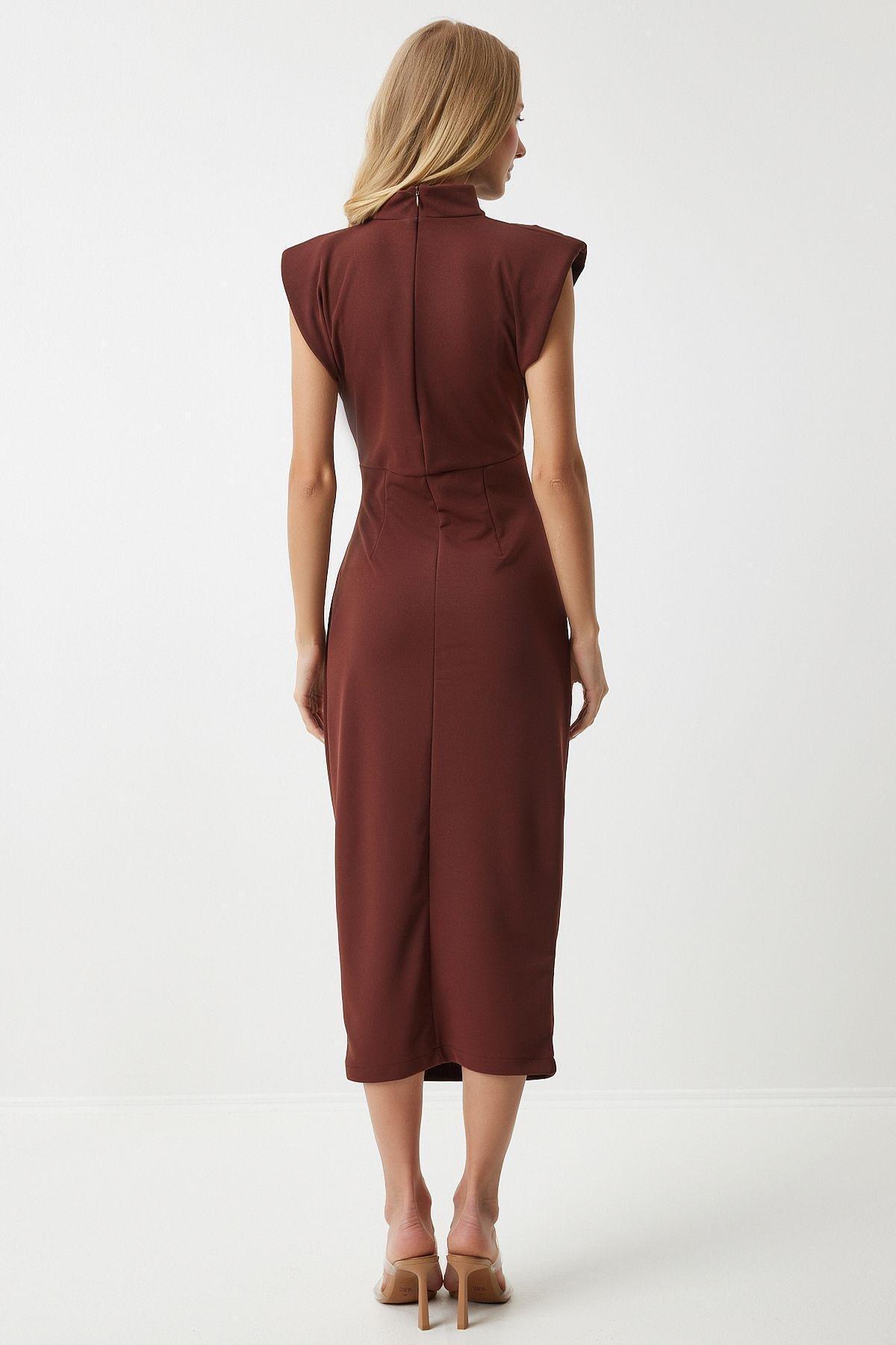 Brown Ruched Sheath Midi Dress, Brown, large image number 3
