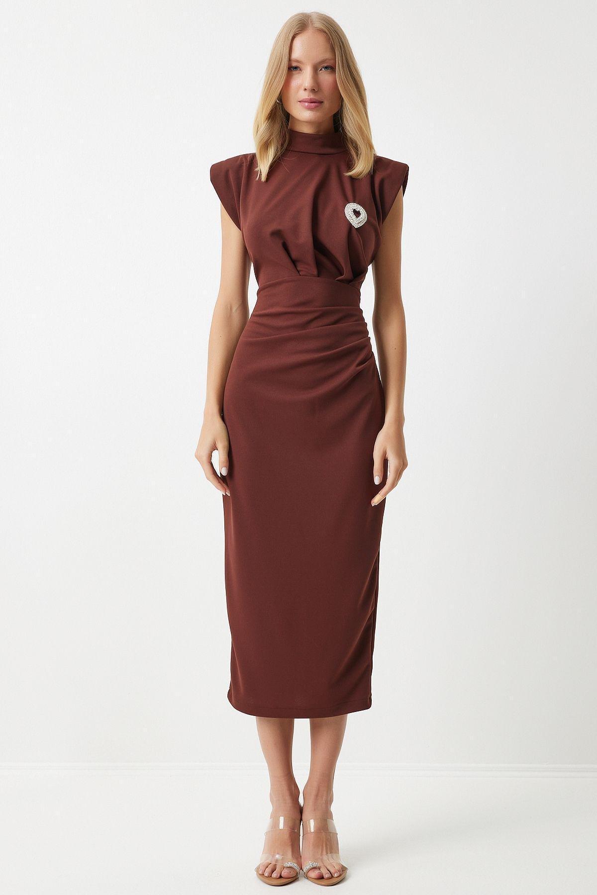Brown Ruched Sheath Midi Dress, Brown, large image number 4