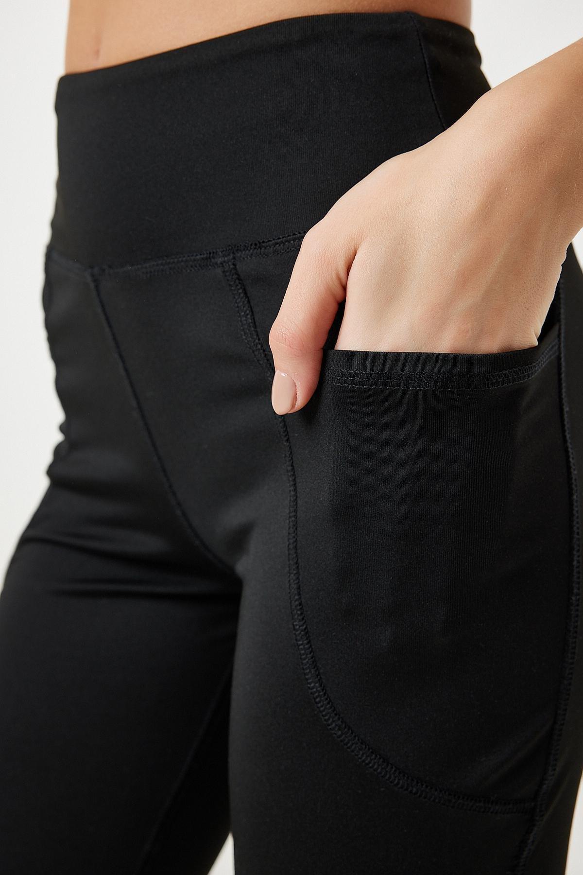 Black Pocket Detailed High Waist Leggings, , large image number 3