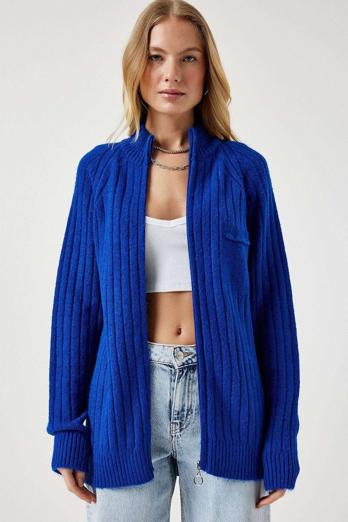 Navy Zippered Knitwear Cardigan, , large image number 1