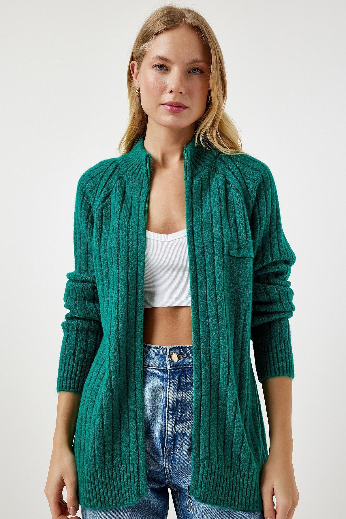 Green Zippered Knitwear Cardigan, Dark green, large image number 0