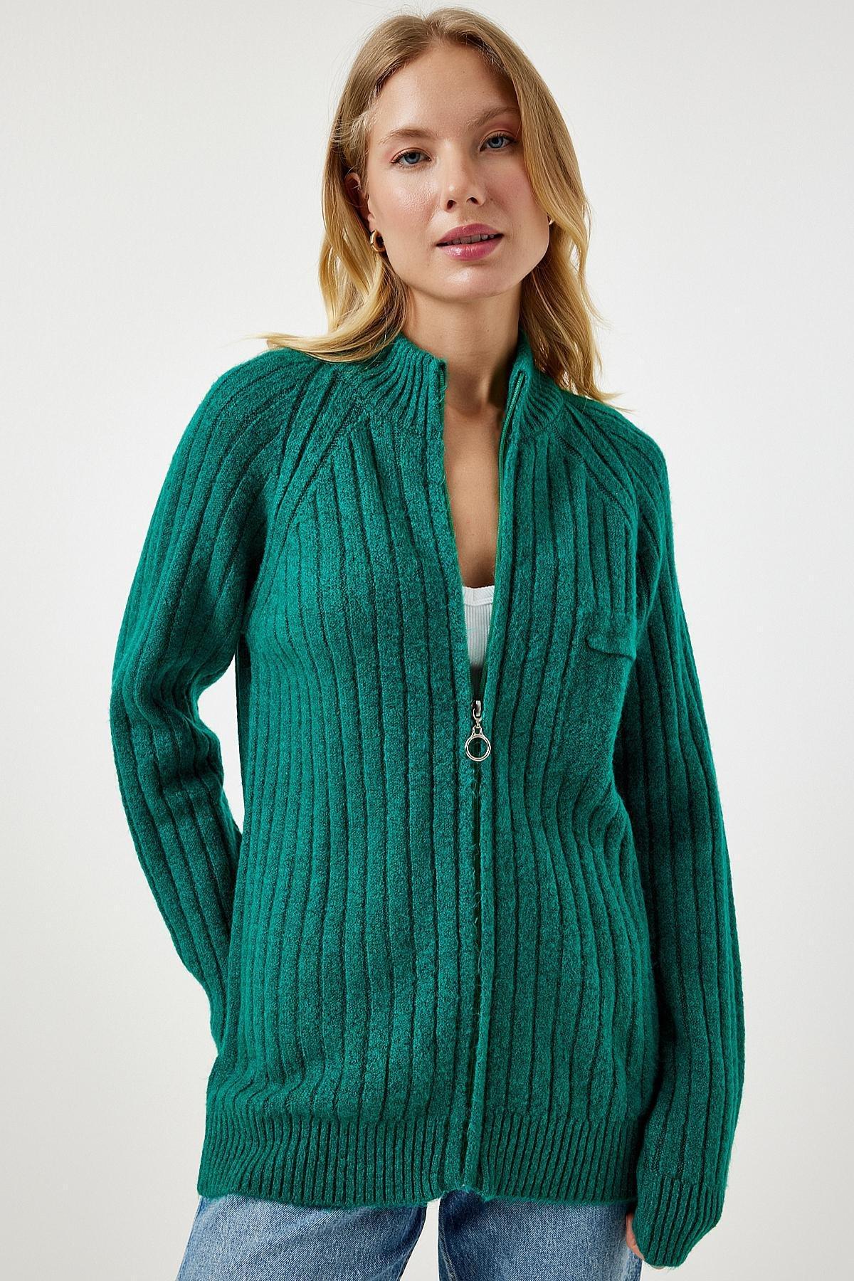 كارديغان مُحاك بسحاب، أخضر, Dark green, large image number 1