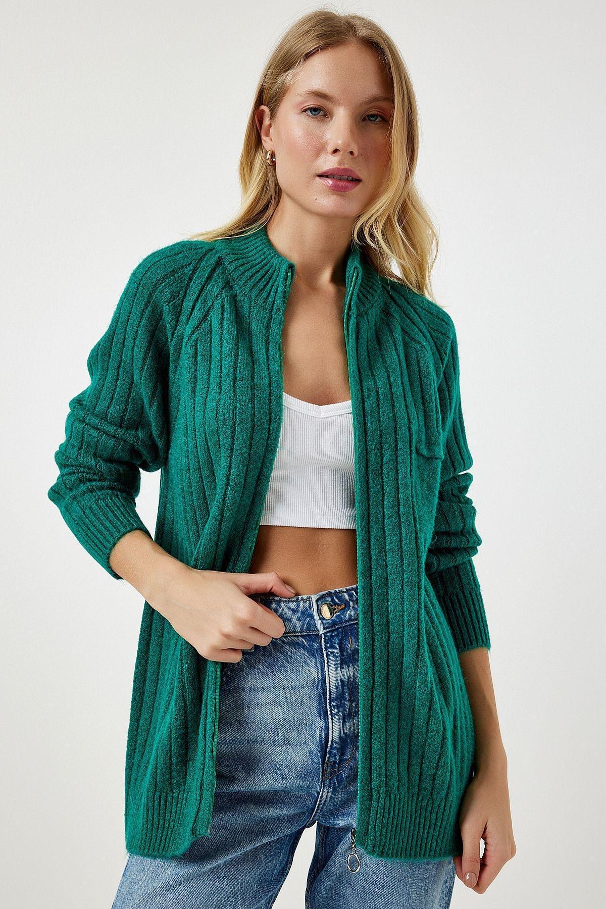 Green Zippered Knitwear Cardigan, Dark green, large image number 2