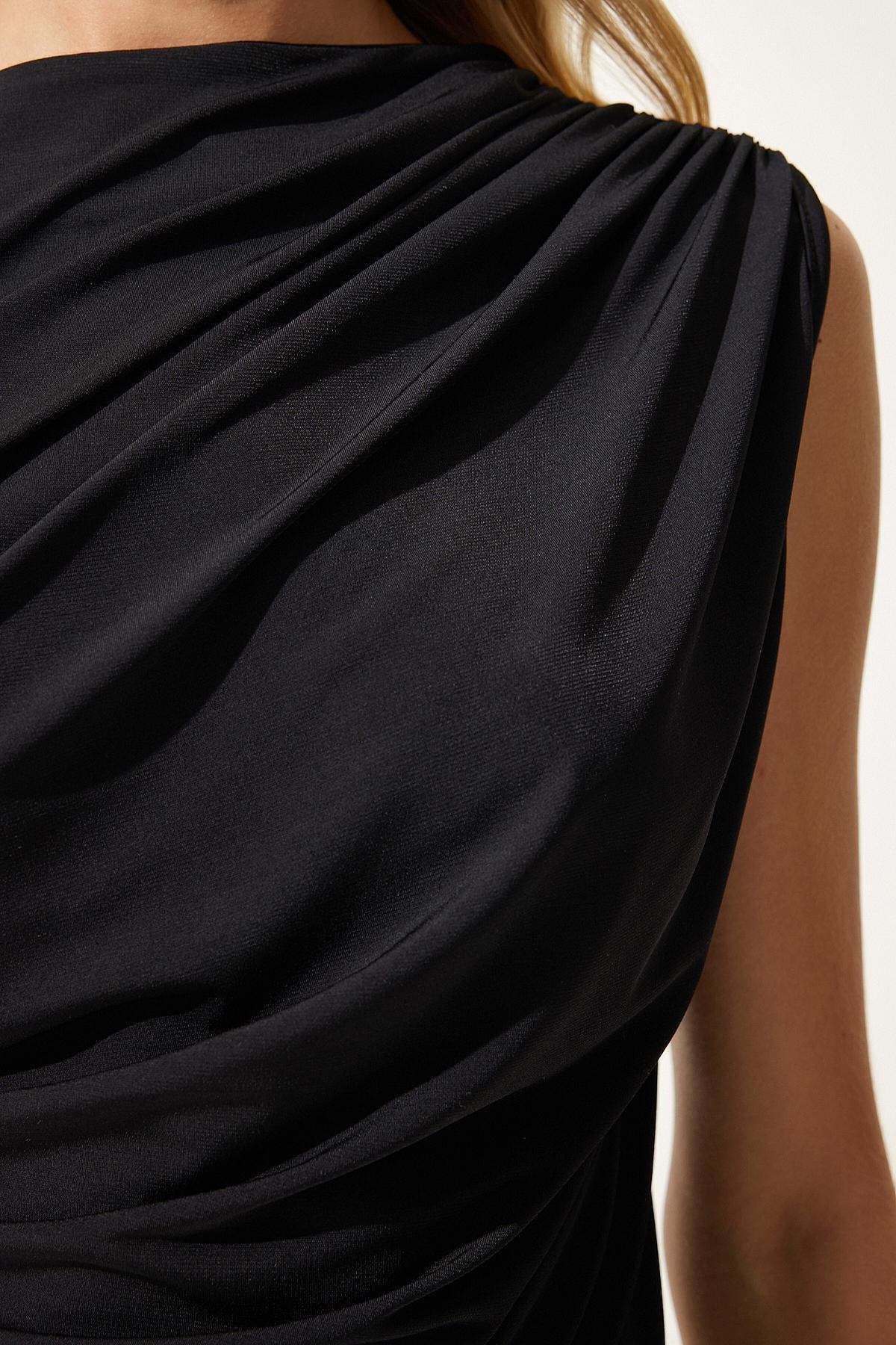 Black Gathered Sleeveless Knitted Blouse, , large image number 4