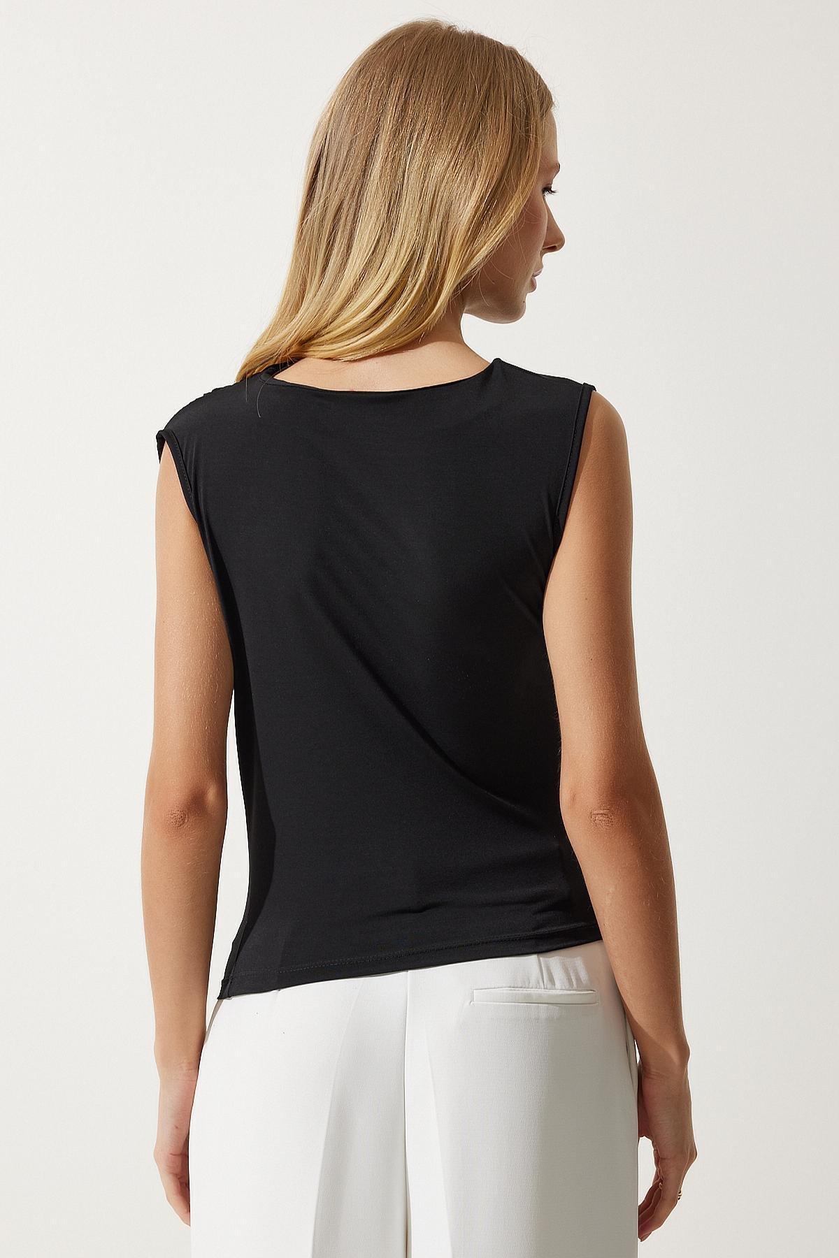 Black Gathered Sleeveless Knitted Blouse, , large image number 5